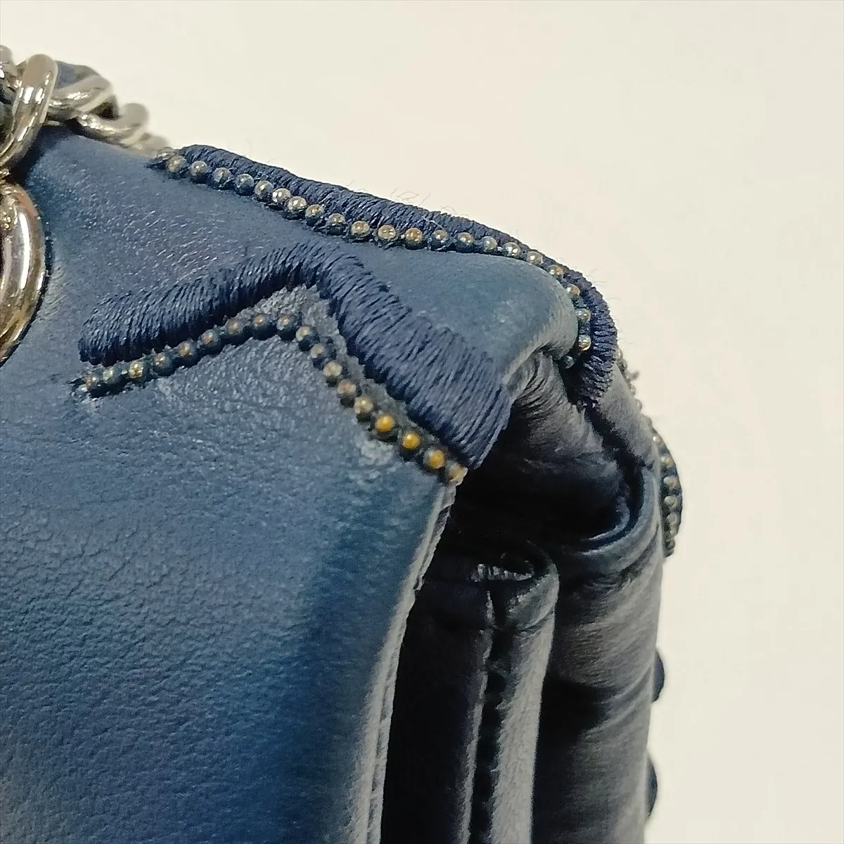 Camellia Lambskin Single Flap Double Chain Bag, Navy, Silver Hardware, 16514600, Serial Number 16 — view 10