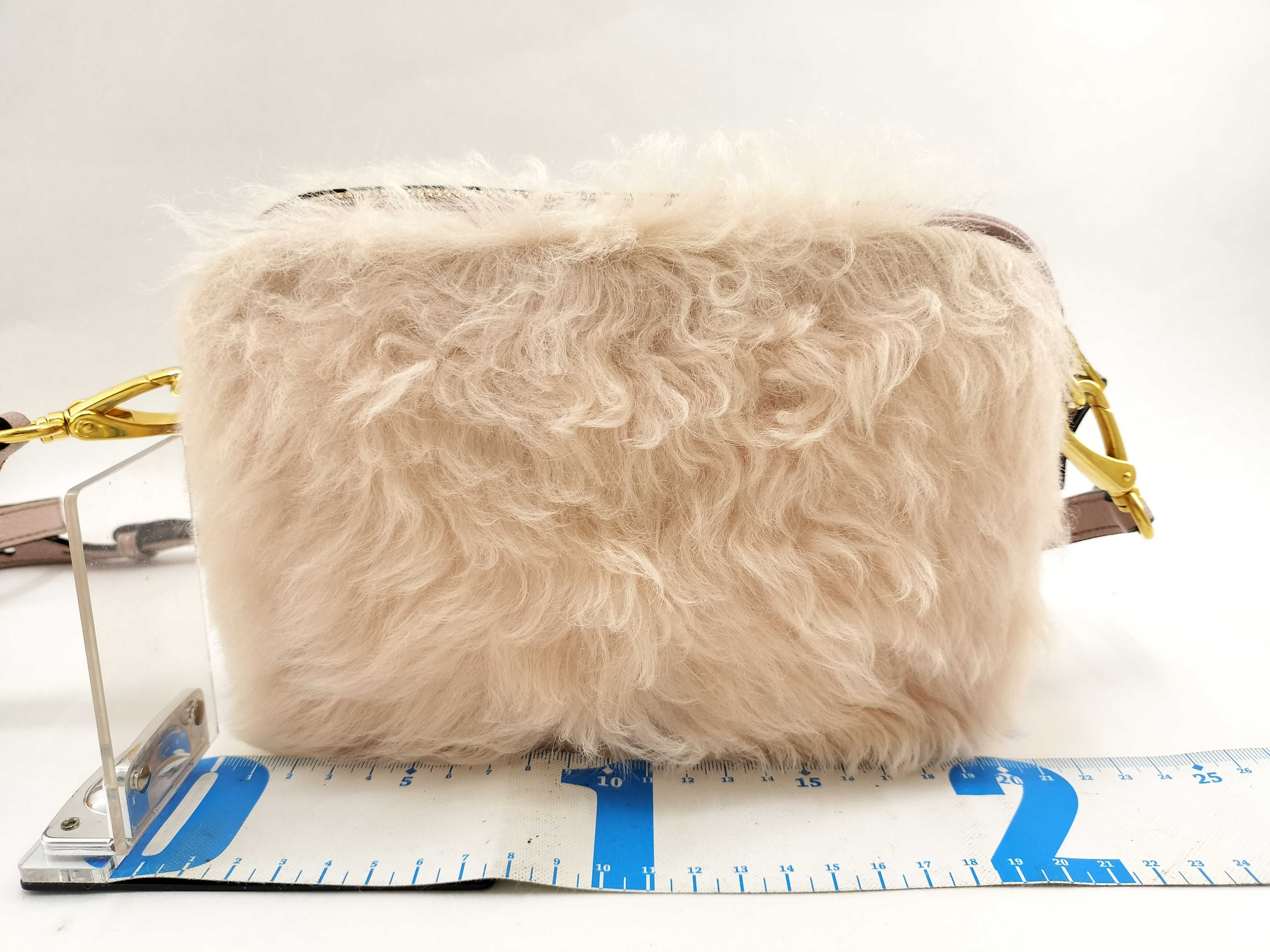 shoulder bag (5BH082) with fur trim, leather accents, ribbon detail, gold hardware, and satin lining. Includes guarantee card and dust bag. — view 2