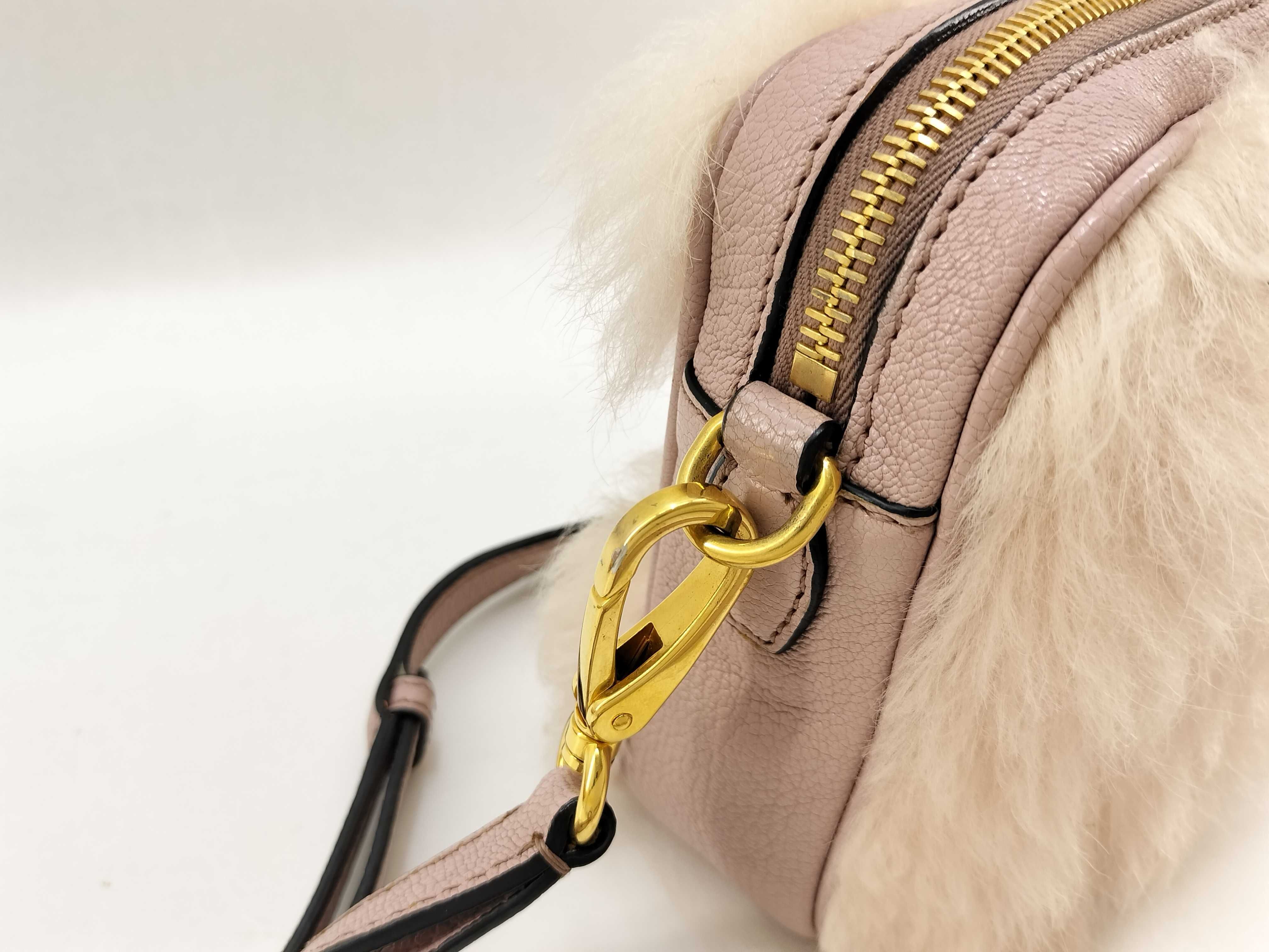 shoulder bag (5BH082) with fur trim, leather accents, ribbon detail, gold hardware, and satin lining. Includes guarantee card and dust bag. — view 3