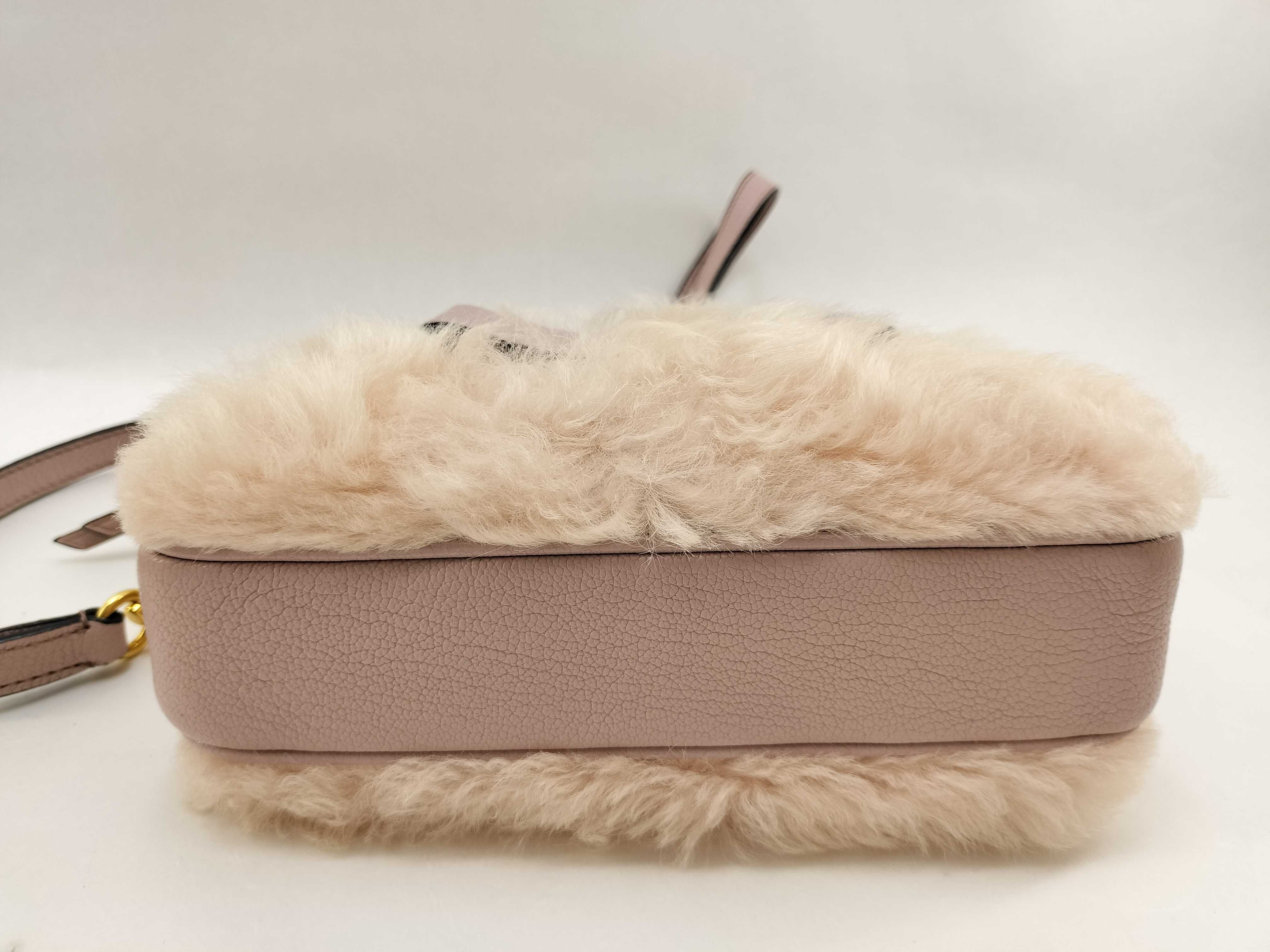 shoulder bag (5BH082) with fur trim, leather accents, ribbon detail, gold hardware, and satin lining. Includes guarantee card and dust bag. — view 7