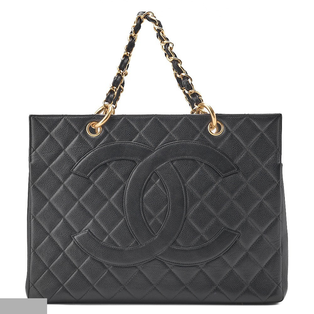 Caviar leather matelassé chain tote bag with Coco Mark, black
