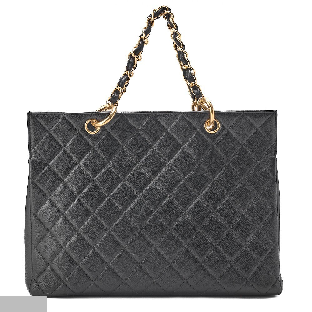 Caviar leather matelassé chain tote bag with Coco Mark, black — view 2