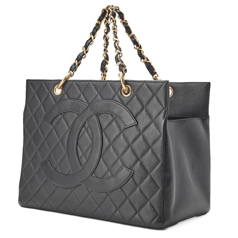 Caviar leather matelassé chain tote bag with Coco Mark, black — view 3