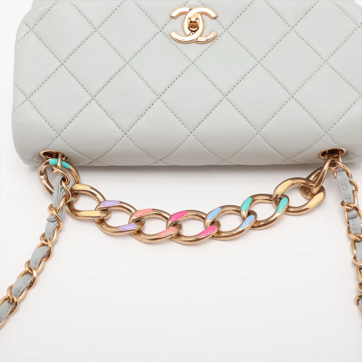 Matelassé Lambskin Chain Shoulder Bag, Blue with Gold Hardware, GKP0G6U6, Random Plate — view 5