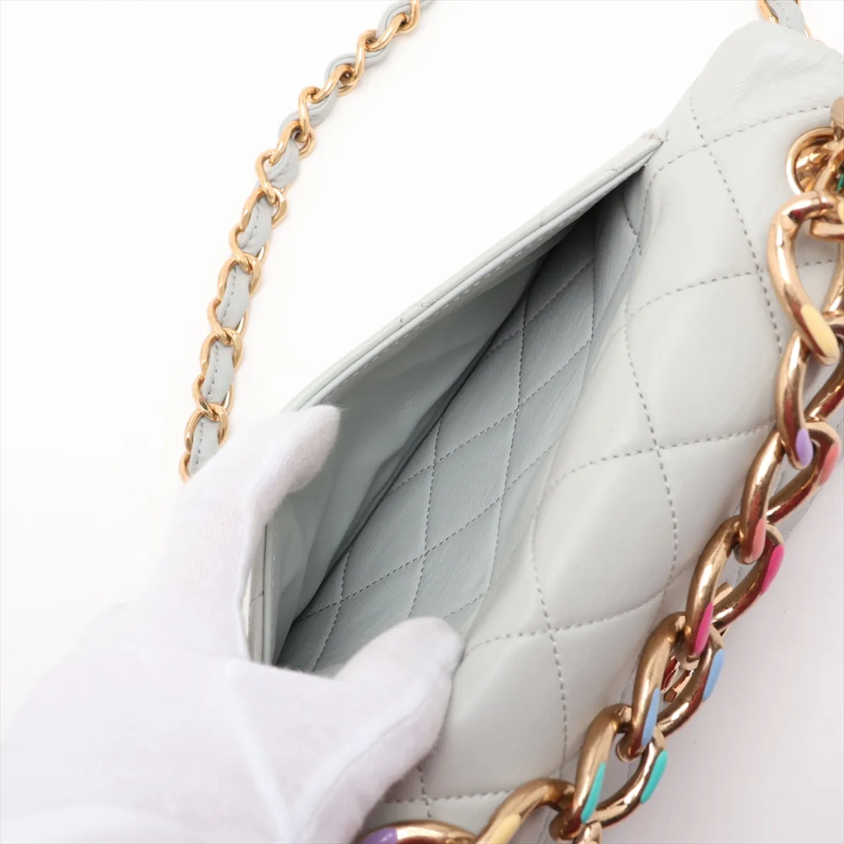 Matelassé Lambskin Chain Shoulder Bag, Blue with Gold Hardware, GKP0G6U6, Random Plate — view 10