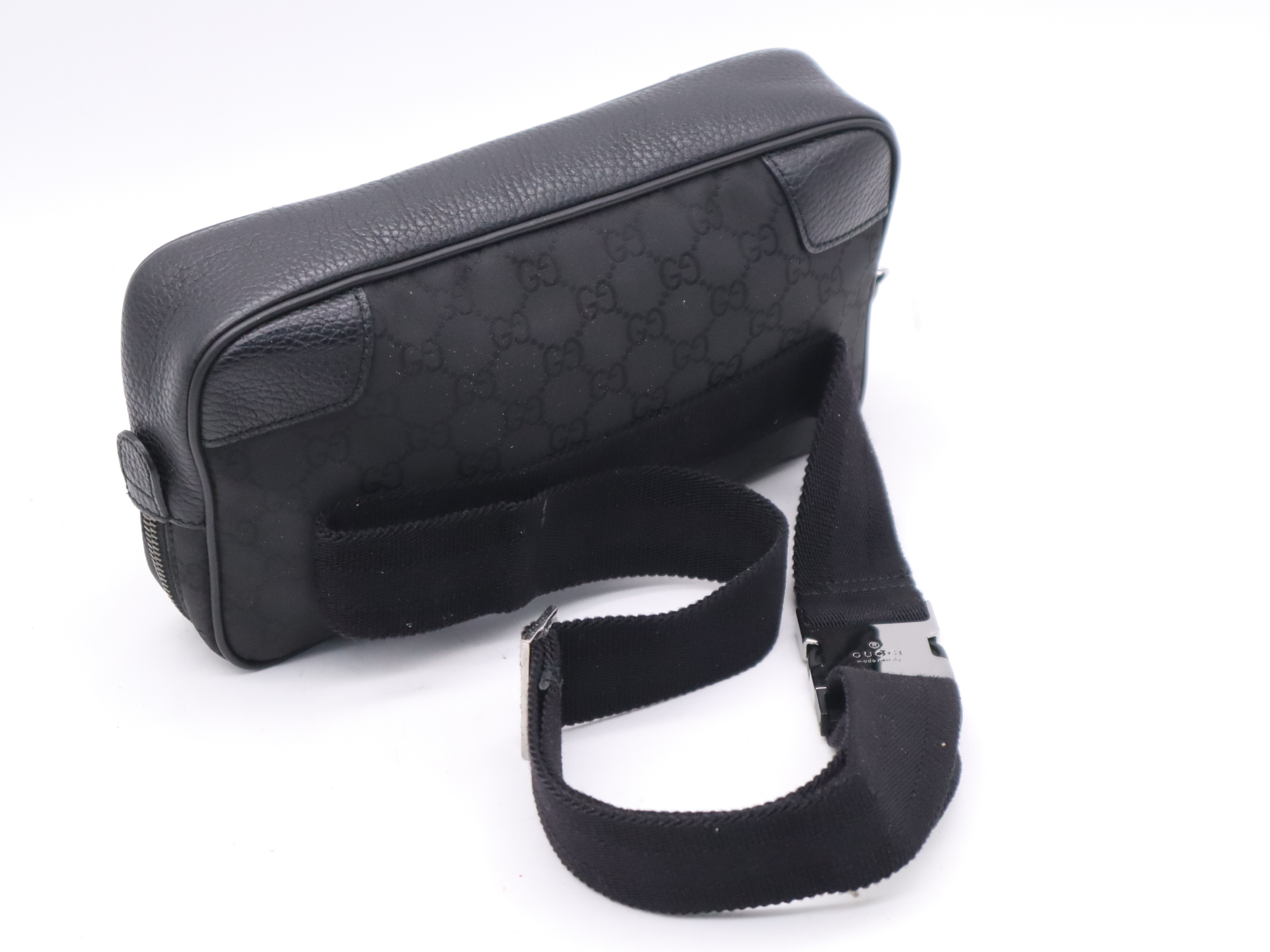 336672 GG Nylon/Leather Waist Bag, Black with Silver Hardware — view 6