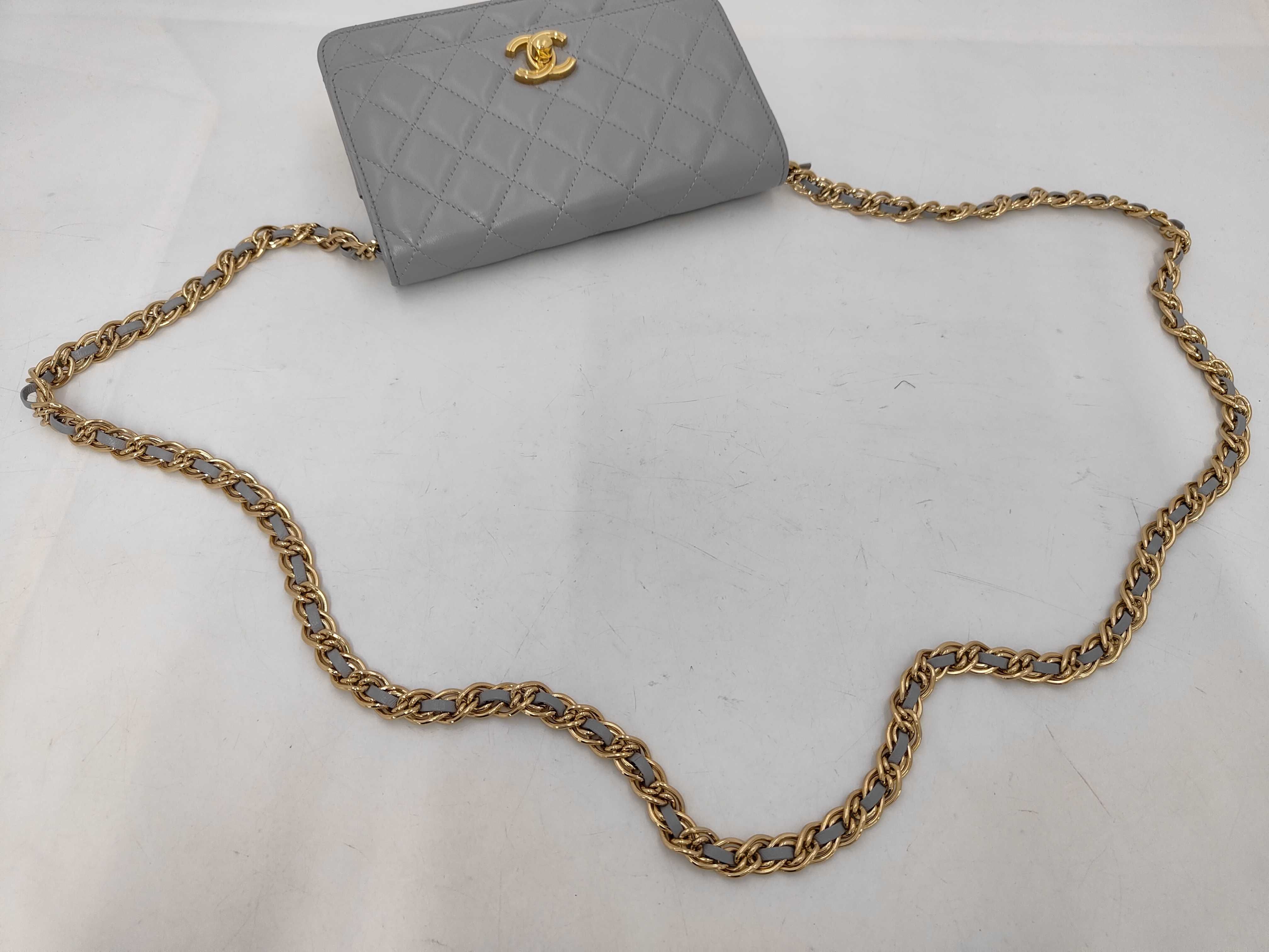 Matelassé Chain Shoulder Bag, Gray Lambskin, Gold Hardware. — view 3