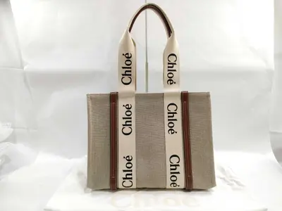 Woody Medium Canvas x Leather Tote Bag, Beige x Brown Tote Bag