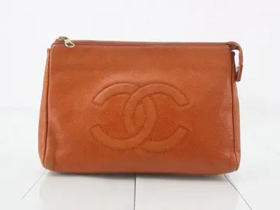 Pouch, caviar leather, gold hardware, orange/camel, Coco Mark