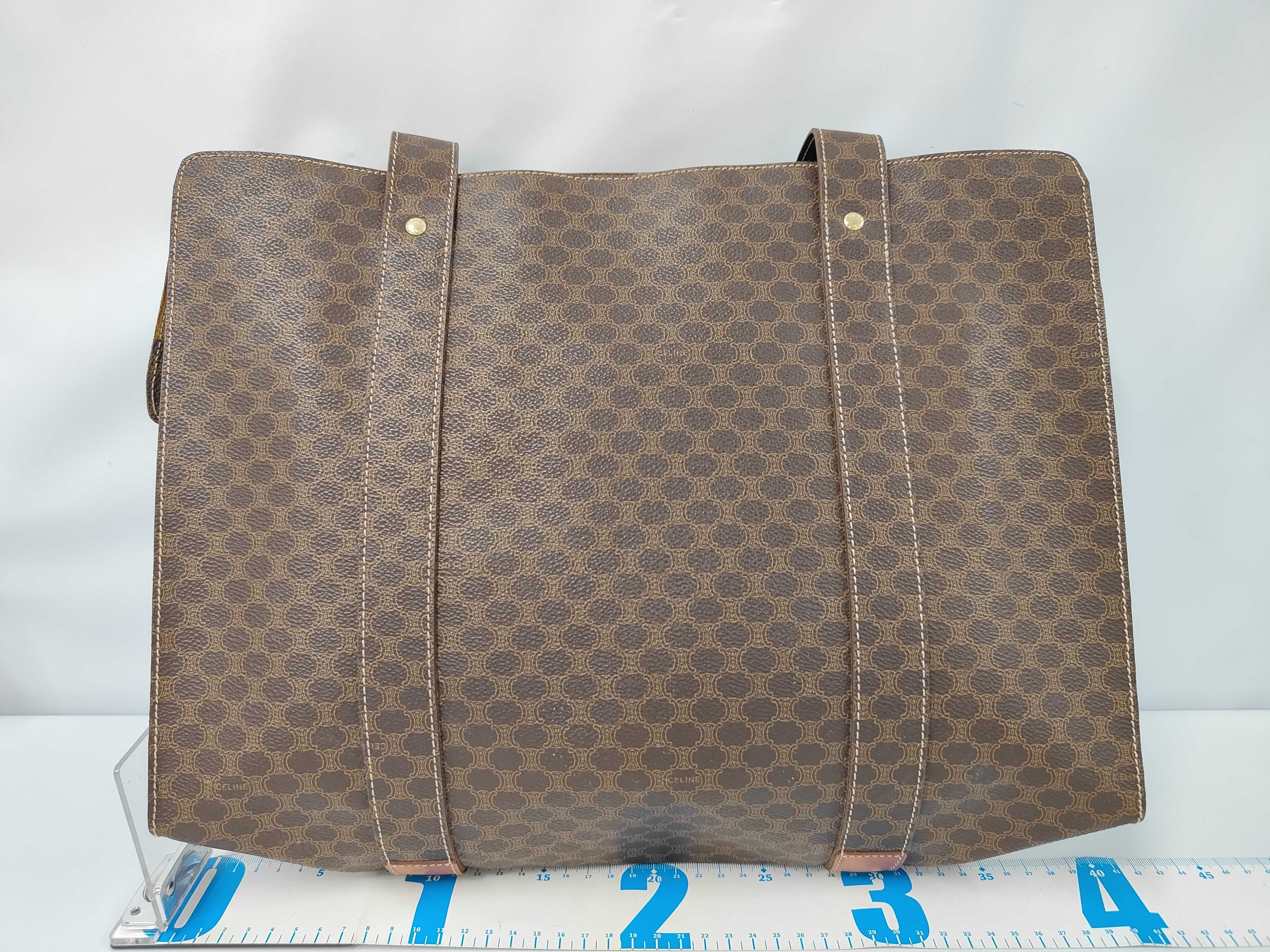 Macadam pattern front triomphe patch tote bag, PVC x leather, brown tote bag — view 2