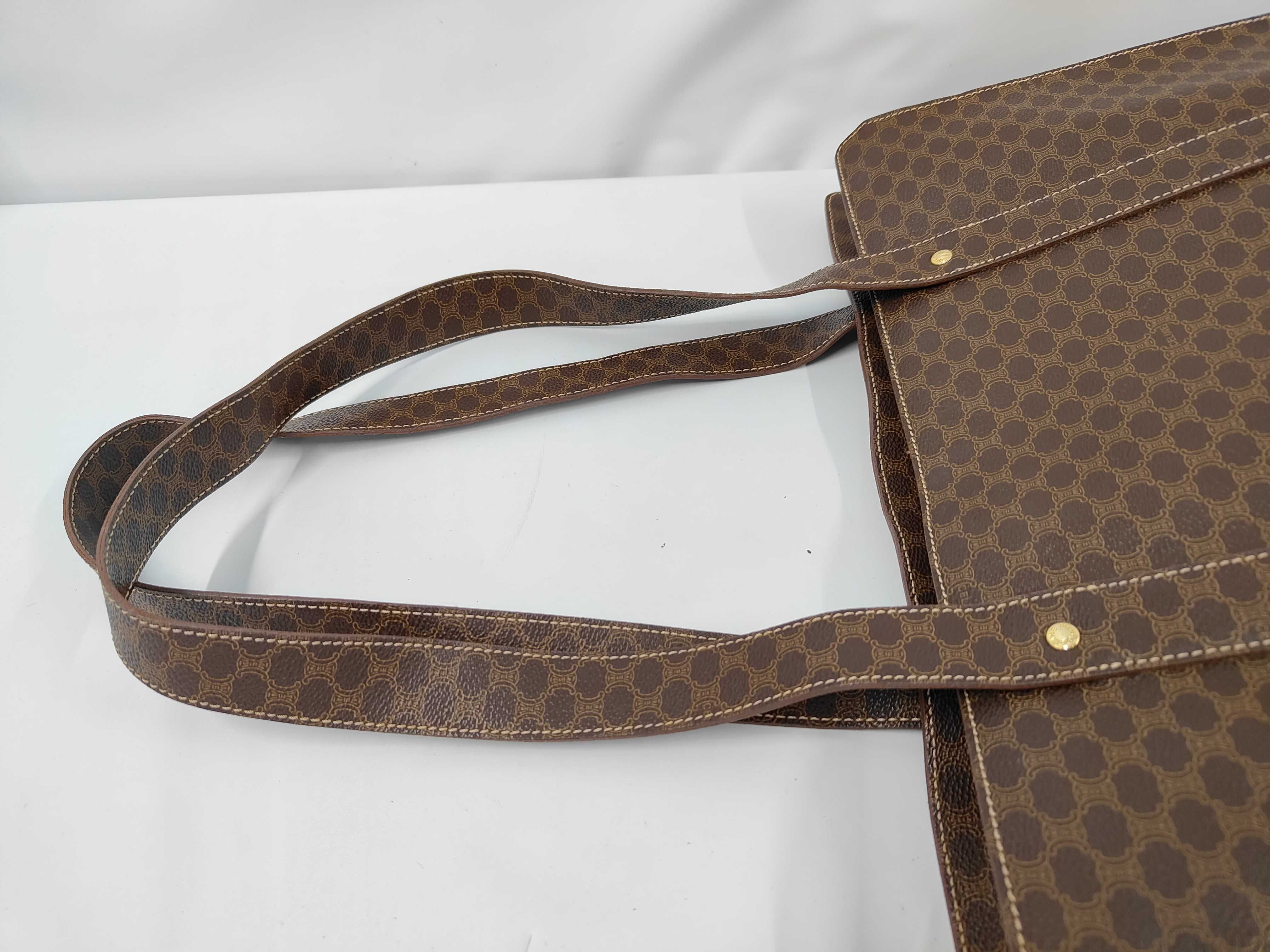 Macadam pattern front triomphe patch tote bag, PVC x leather, brown tote bag — view 5