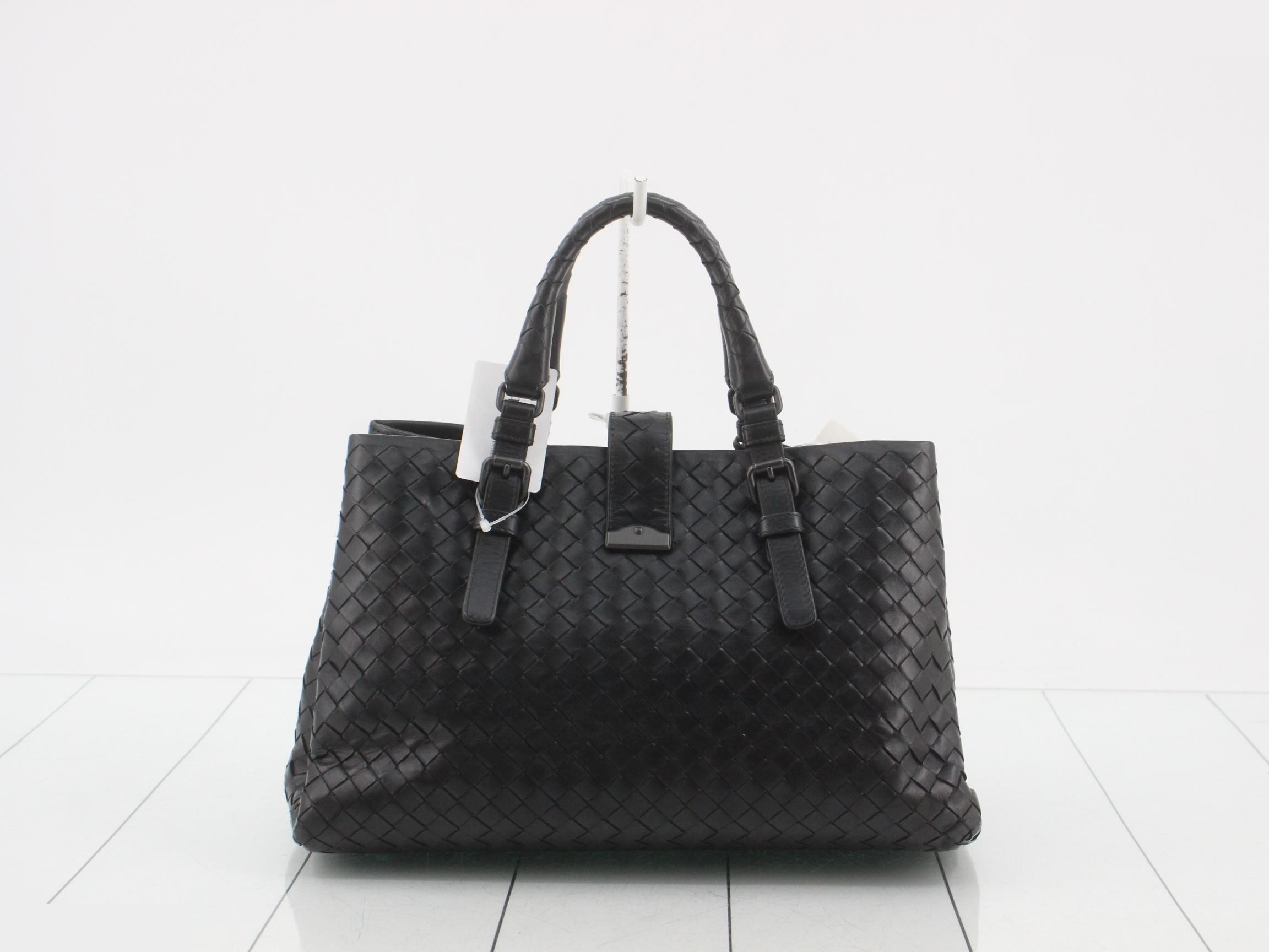 Intrecciato Leather 2-Way Handbag, Black — view 2