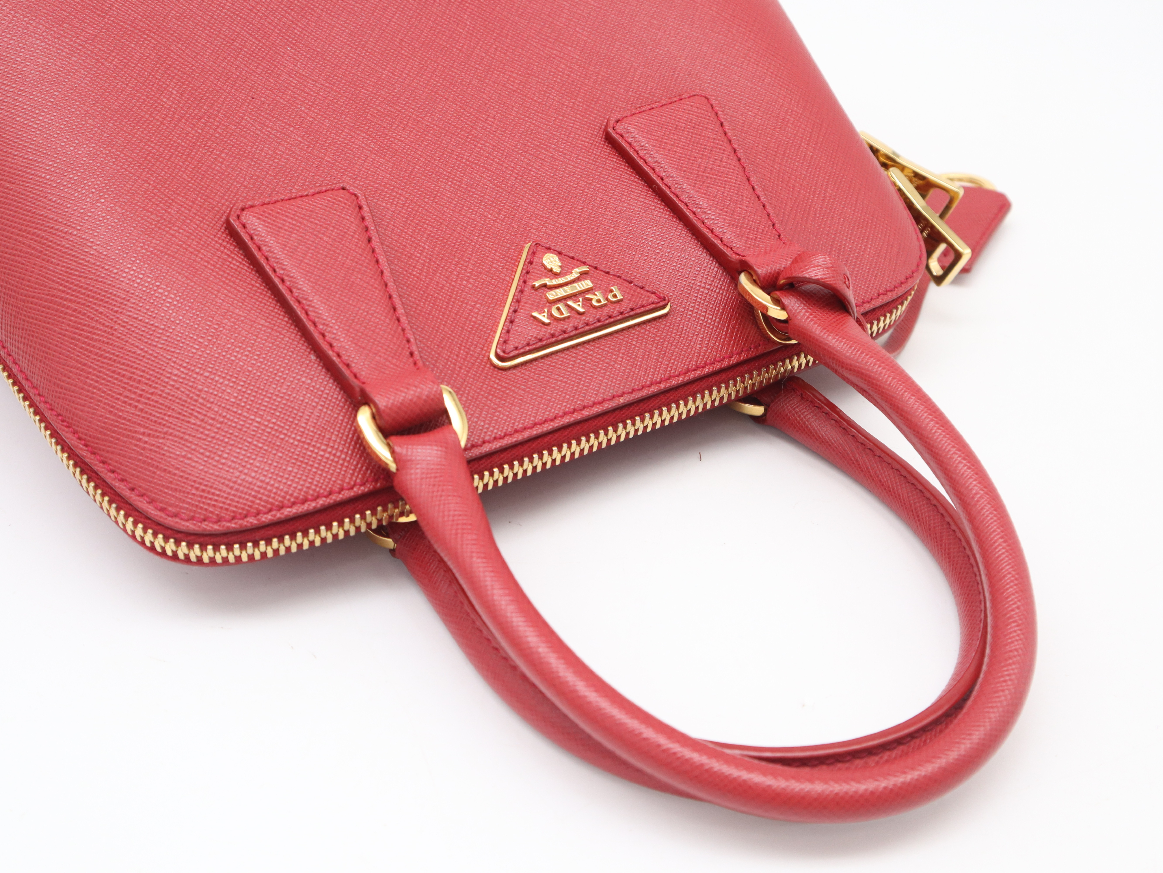 1BA838 Saffiano Leather 2-Way Handbag, Red, with Strap, Clochette, and Dust Bag. — view 6