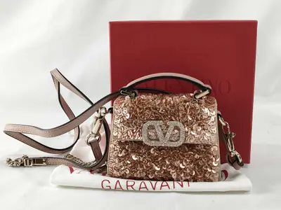 V-Sling Embroidered Leather x Crystal 2-Way Handbag