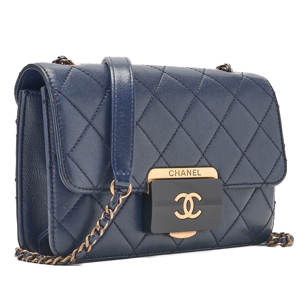 Lambskin Matelassé Beauty Lock Chain Wallet, Navy — view 3