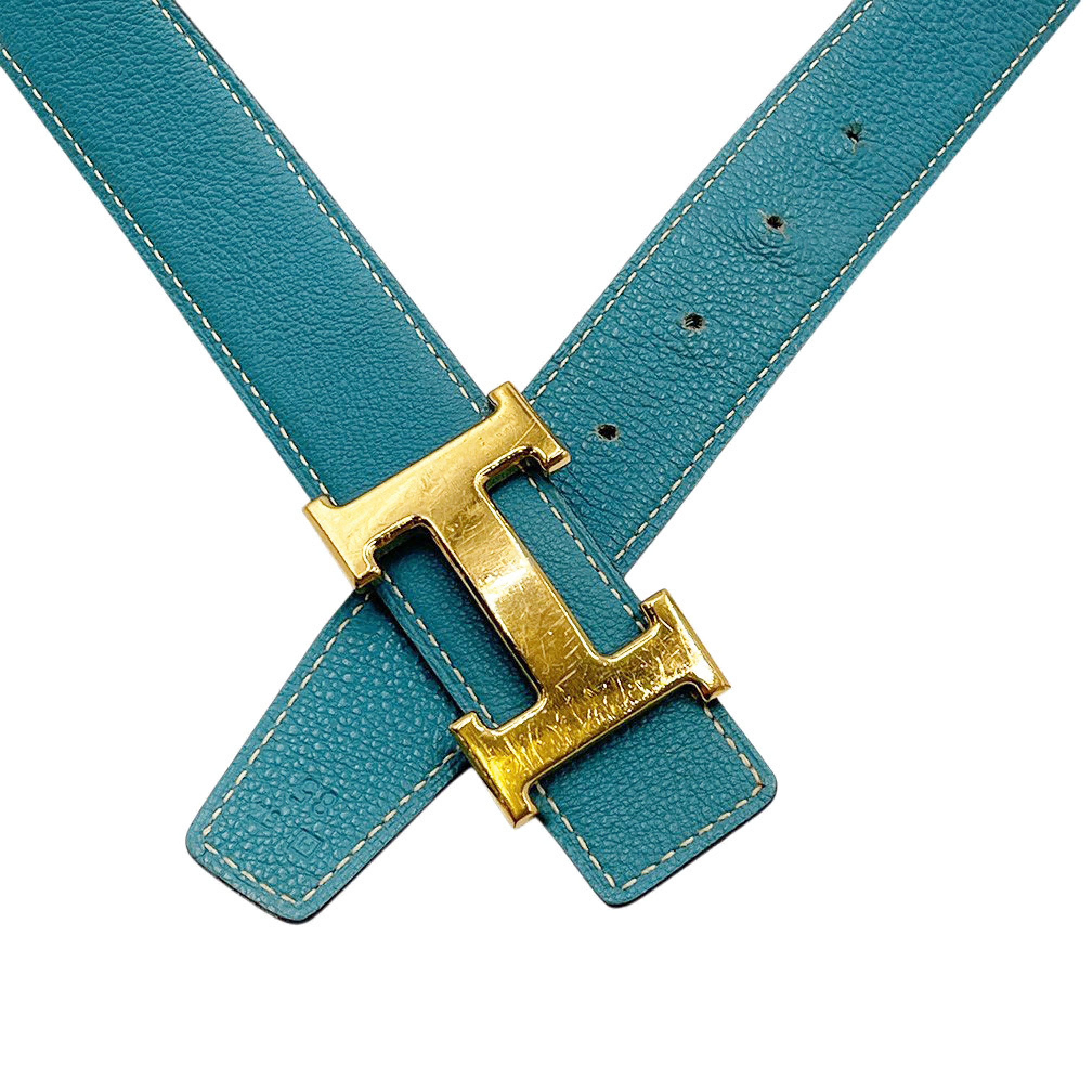 Constance Box/Togo/ H Gold Buckle Blue Jean 85cm Belt — view 2