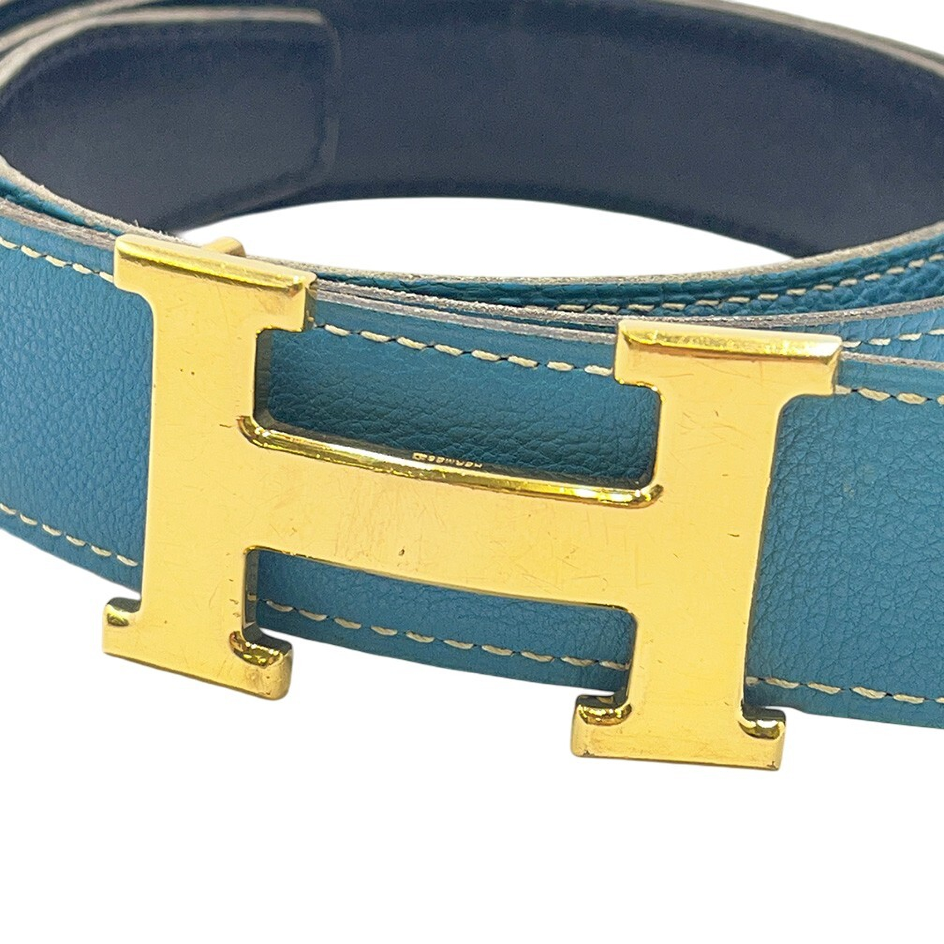Constance Box/Togo/ H Gold Buckle Blue Jean 85cm Belt — view 8