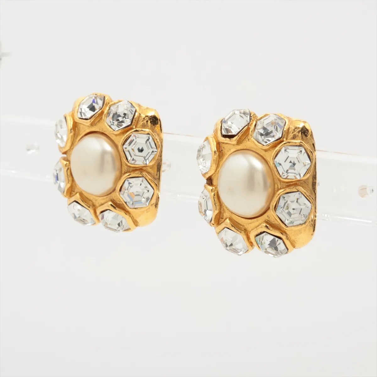 earrings (for both ears), gold-plated with rhinestones and faux pearls. Shows signs of wear, including — view 3
