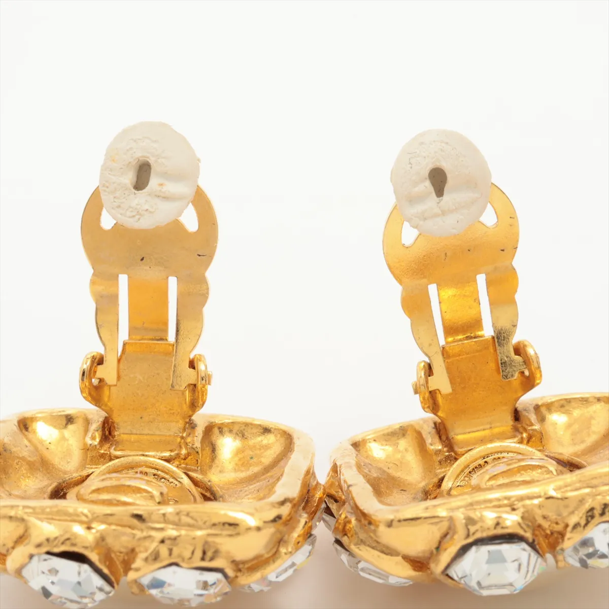 earrings (for both ears), gold-plated with rhinestones and faux pearls. Shows signs of wear, including — view 4
