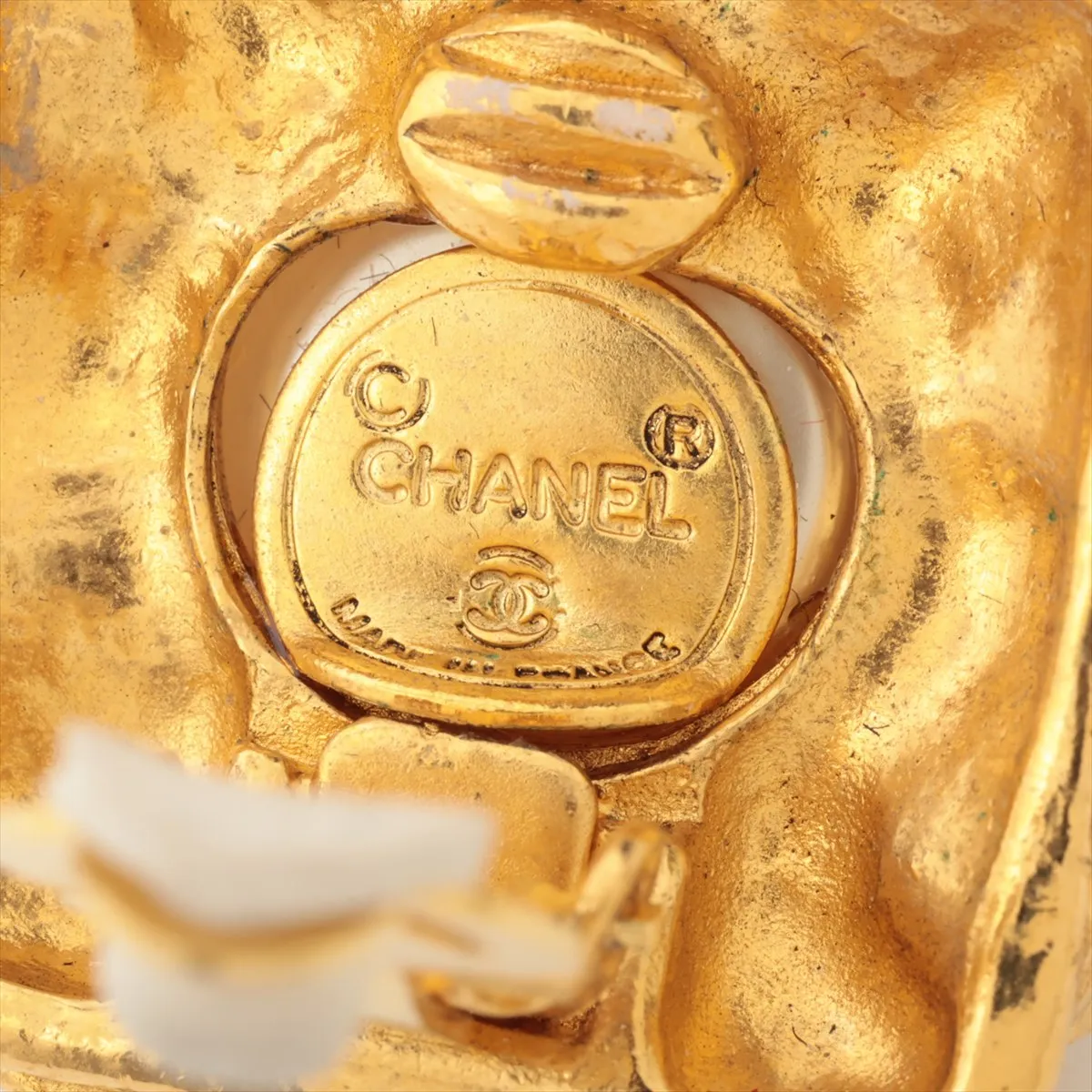 earrings (for both ears), gold-plated with rhinestones and faux pearls. Shows signs of wear, including — view 5