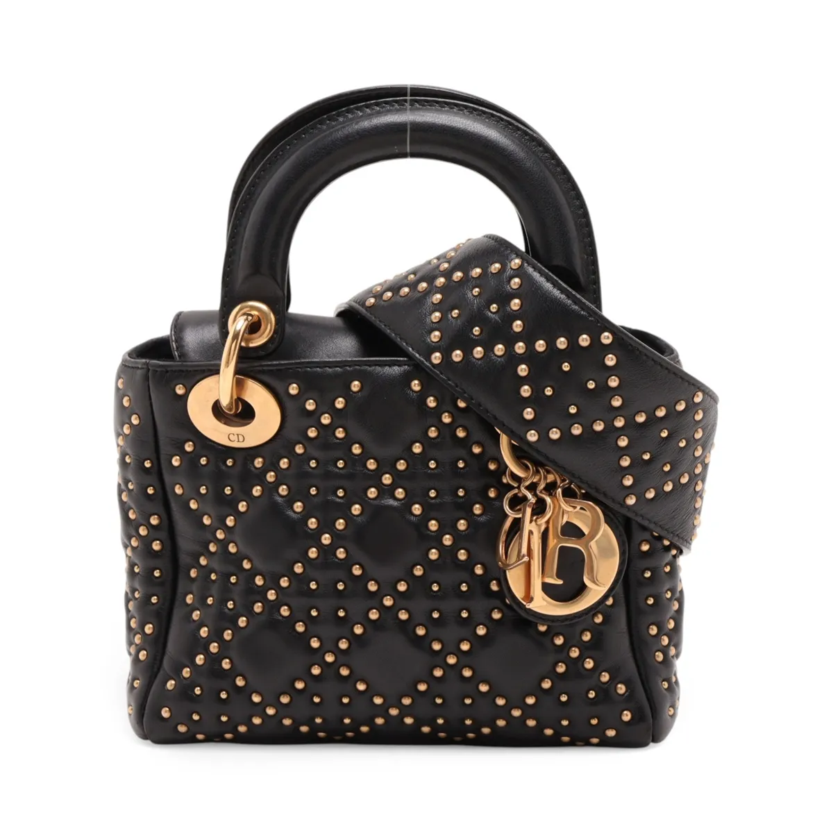 Cannage Lady Dior Mini Leather x Studs 2-Way Handbag, Black