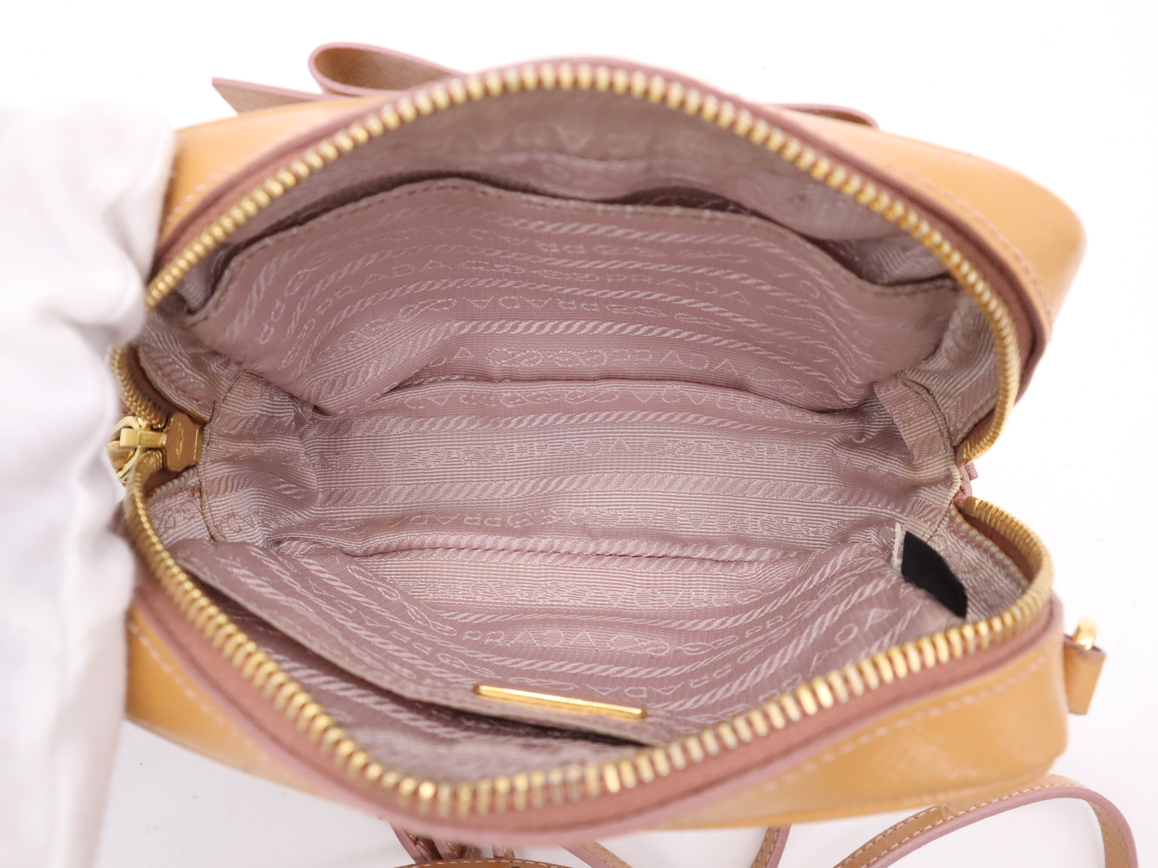 Saffiano Vernice Ribbon Camera Bag, Beige, Gold Hardware, with Shoulder Strap, Shoulder Bag — view 11