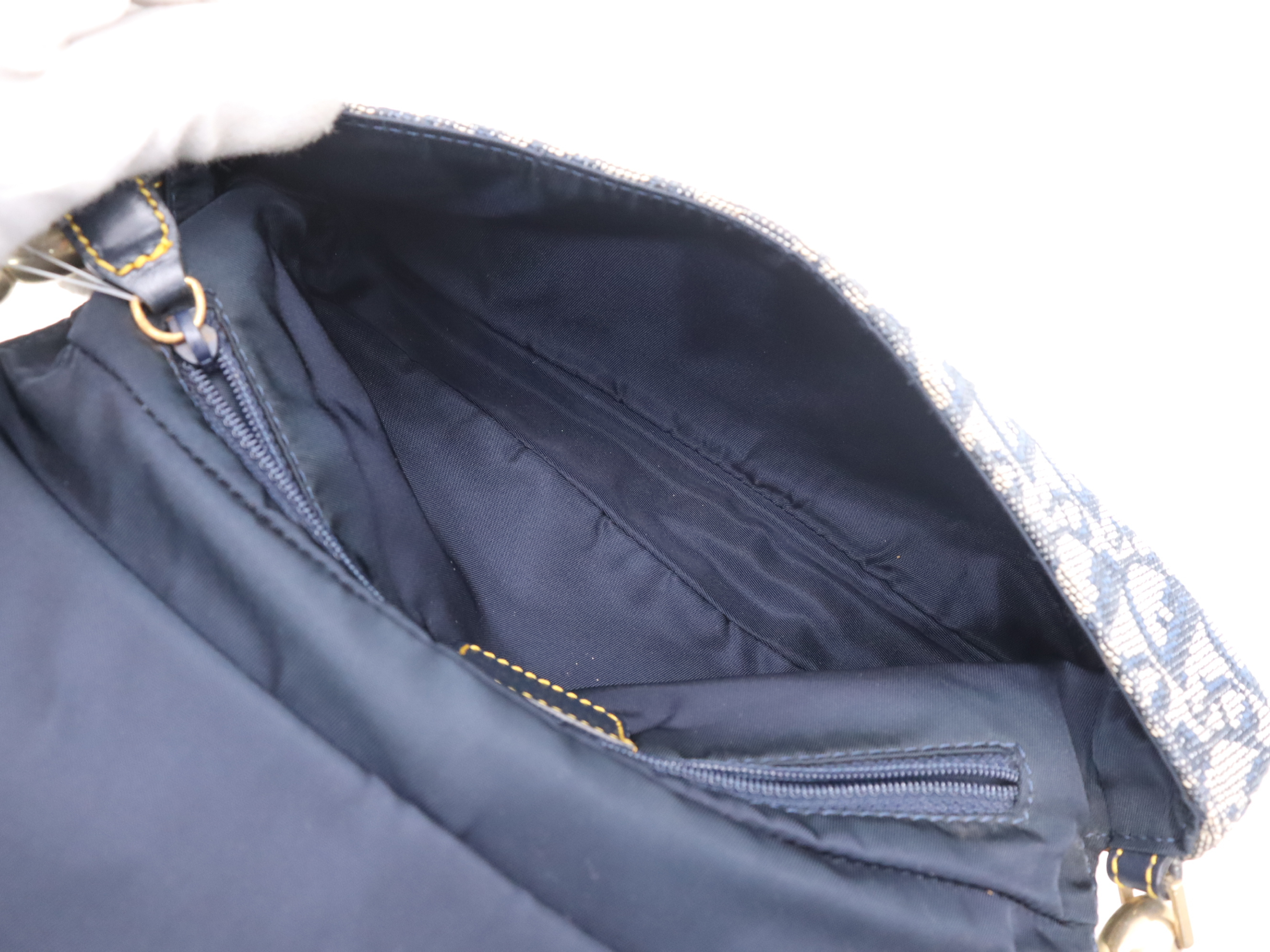 Canvas x Leather Maris Pearl Trotter Navy Gold Hardware Shoulder Bag — view 12