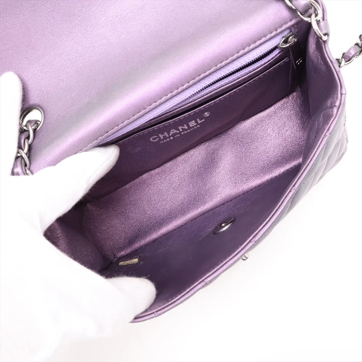 Mini Matelassé 20 Lambskin Single Flap Single Chain Bag, Purple, Silver Hardware, 24102503, Serial Number 24, A69900 — view 6