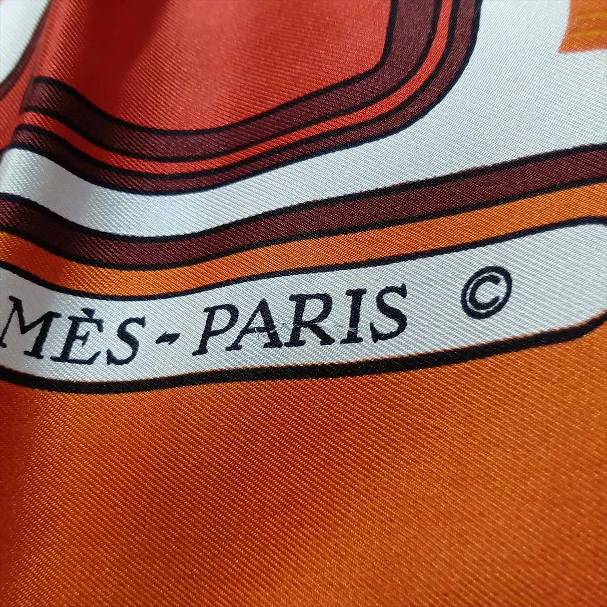 Carre 90 LES COUPES Coupe Scarf, Silk, Orange, with wear, — view 8
