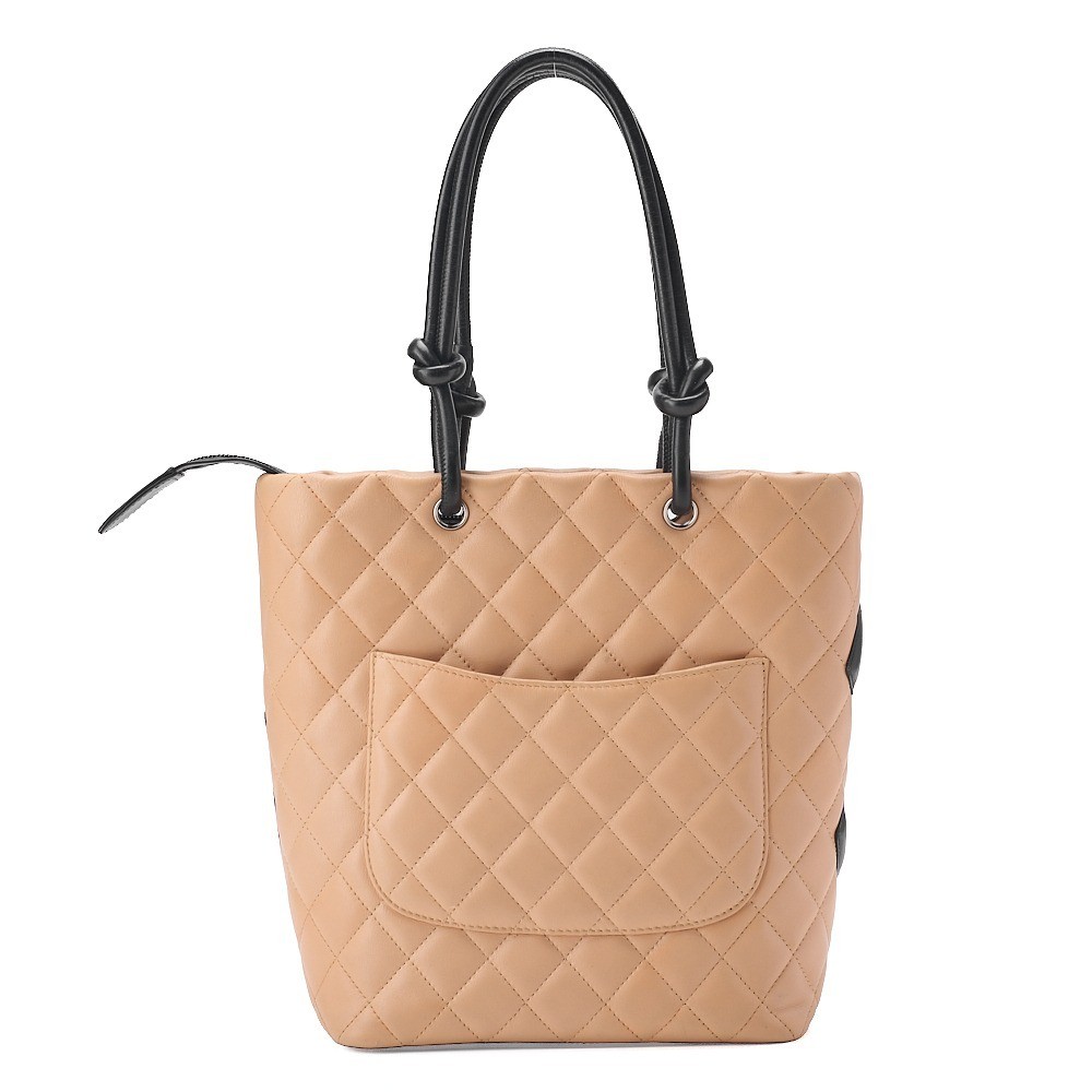 Calf leather Cambon line tote bag, beige x black — view 2