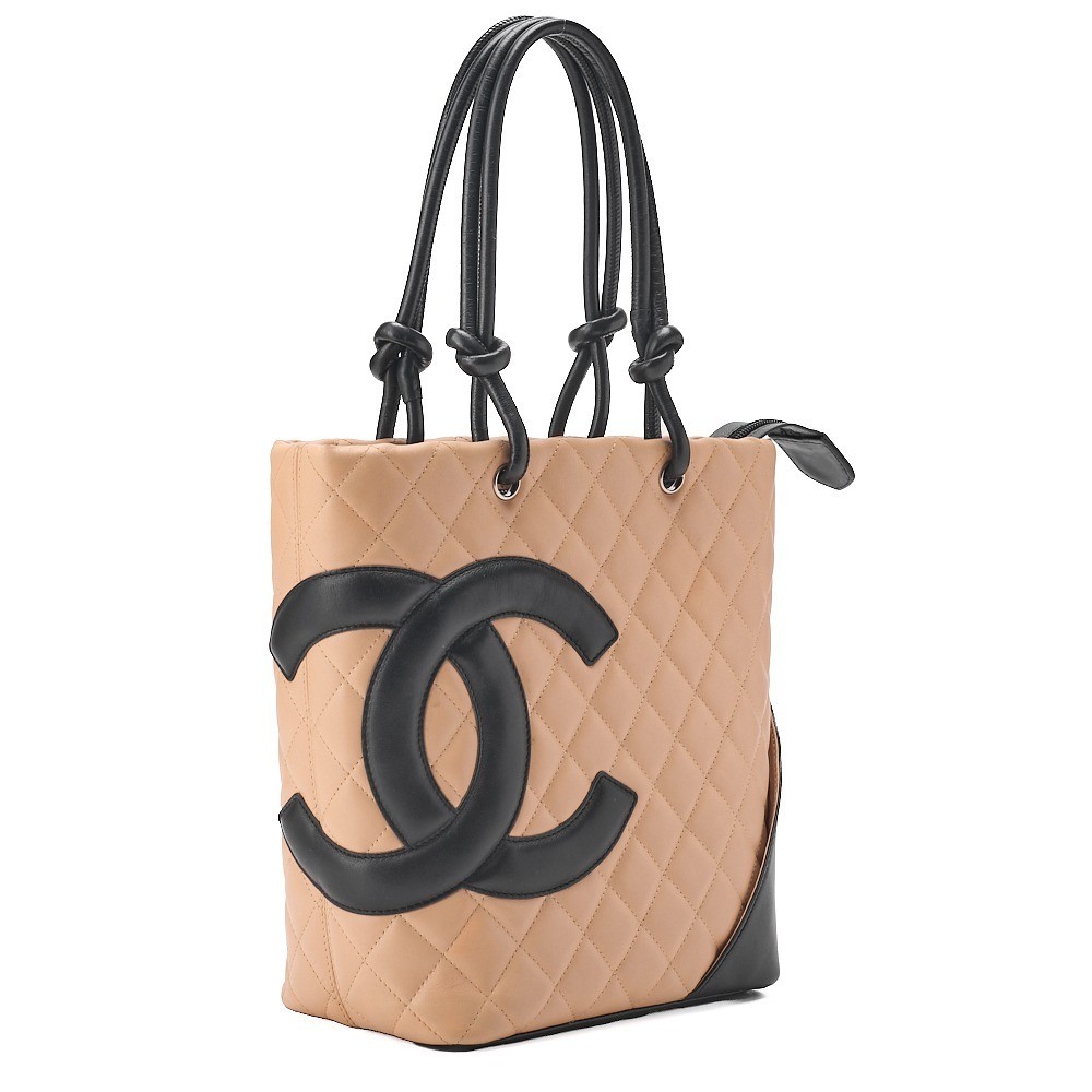 Calf leather Cambon line tote bag, beige x black — view 3