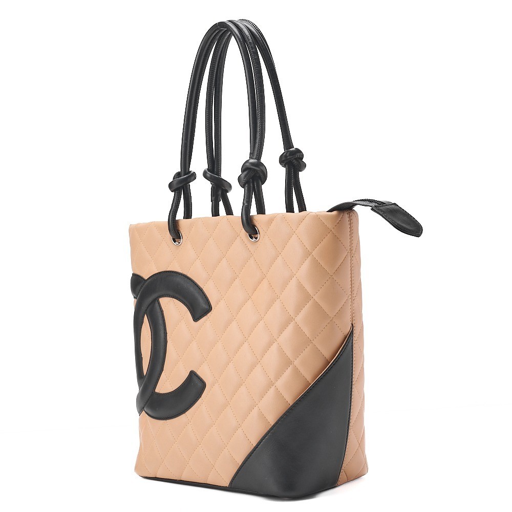 Calf leather Cambon line tote bag, beige x black — view 4