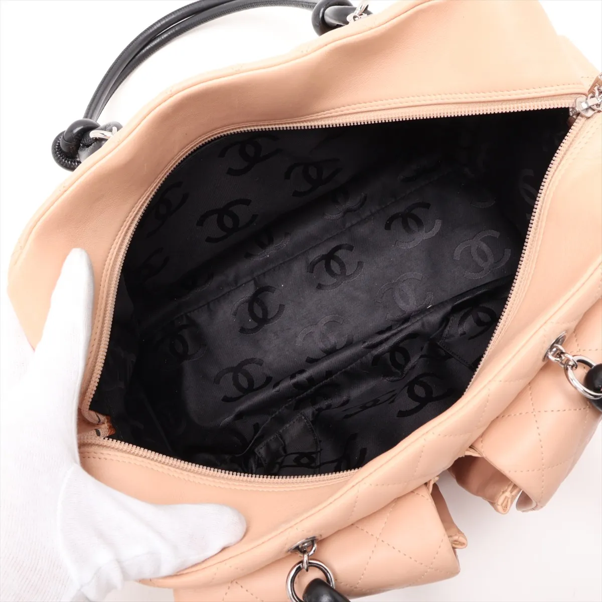 Cambon Line Lambskin Handbag, Beige x Black, Silver Hardware, 9676804, Series 9 — view 7