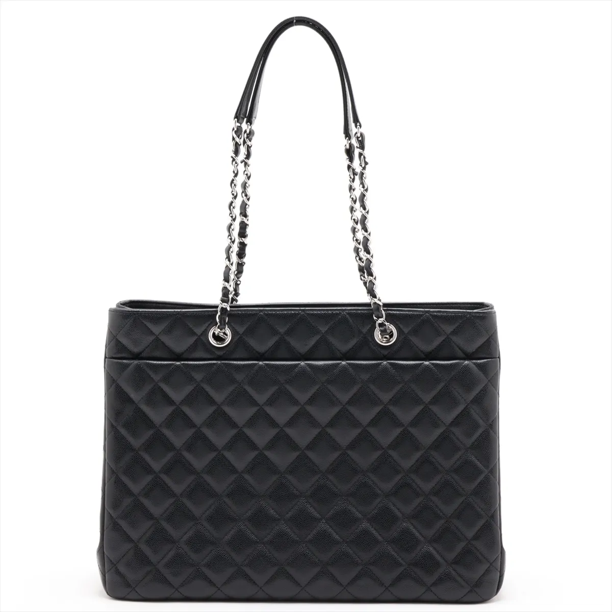 Matelassé Caviar Skin Chain Tote Bag, Black, Silver Hardware, A5C0GEG6, Random Plate — view 2