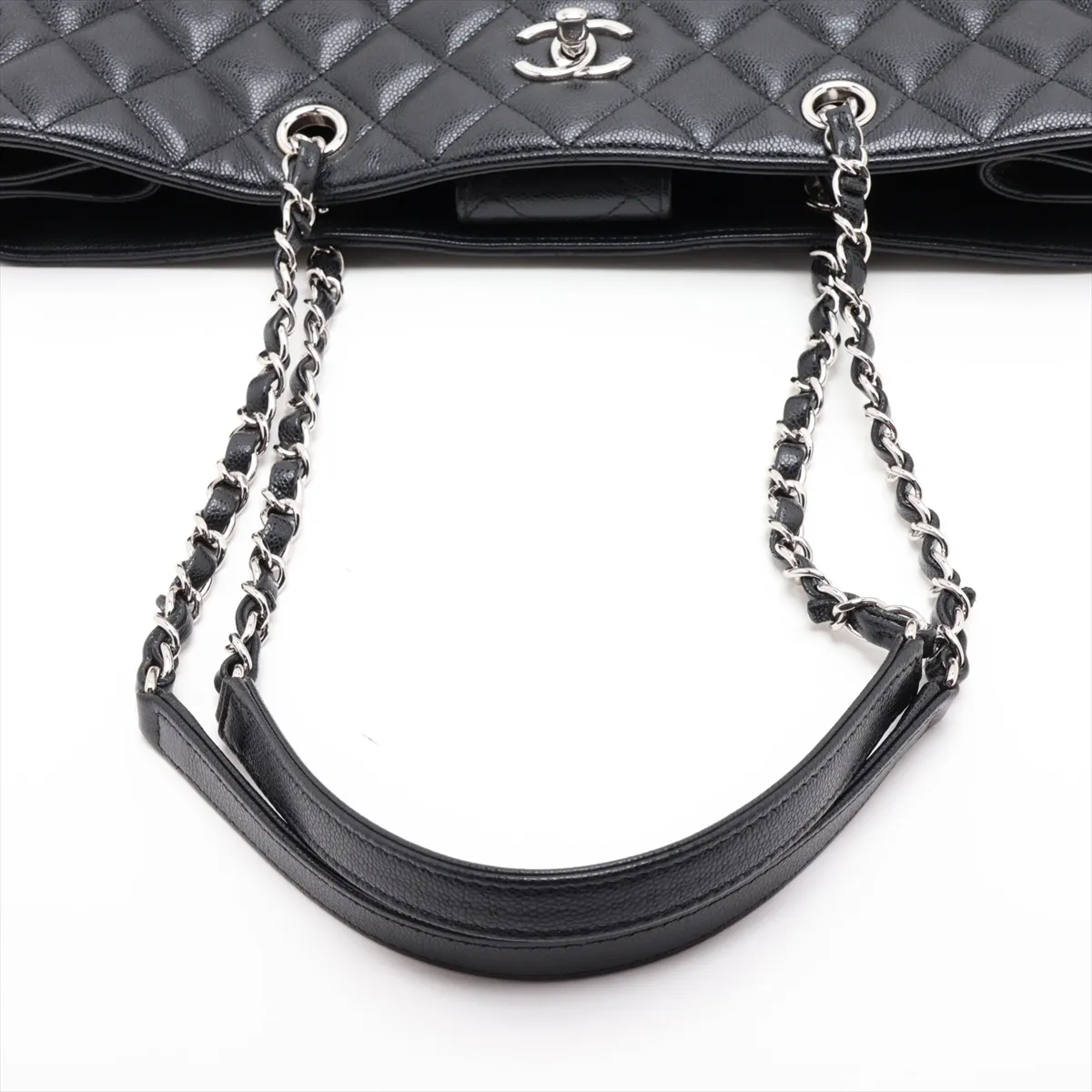 Matelassé Caviar Skin Chain Tote Bag, Black, Silver Hardware, A5C0GEG6, Random Plate — view 5