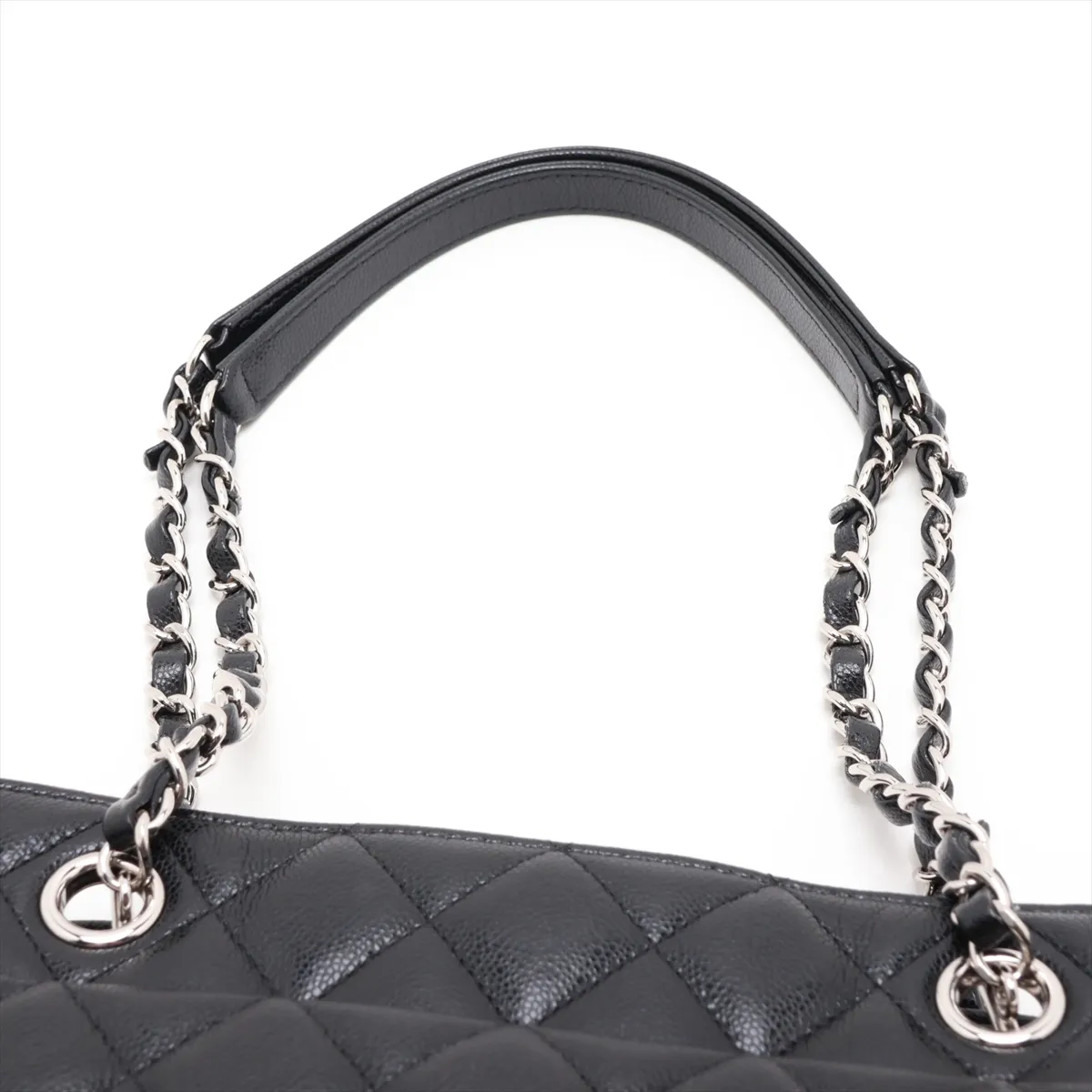 Matelassé Caviar Skin Chain Tote Bag, Black, Silver Hardware, A5C0GEG6, Random Plate — view 6
