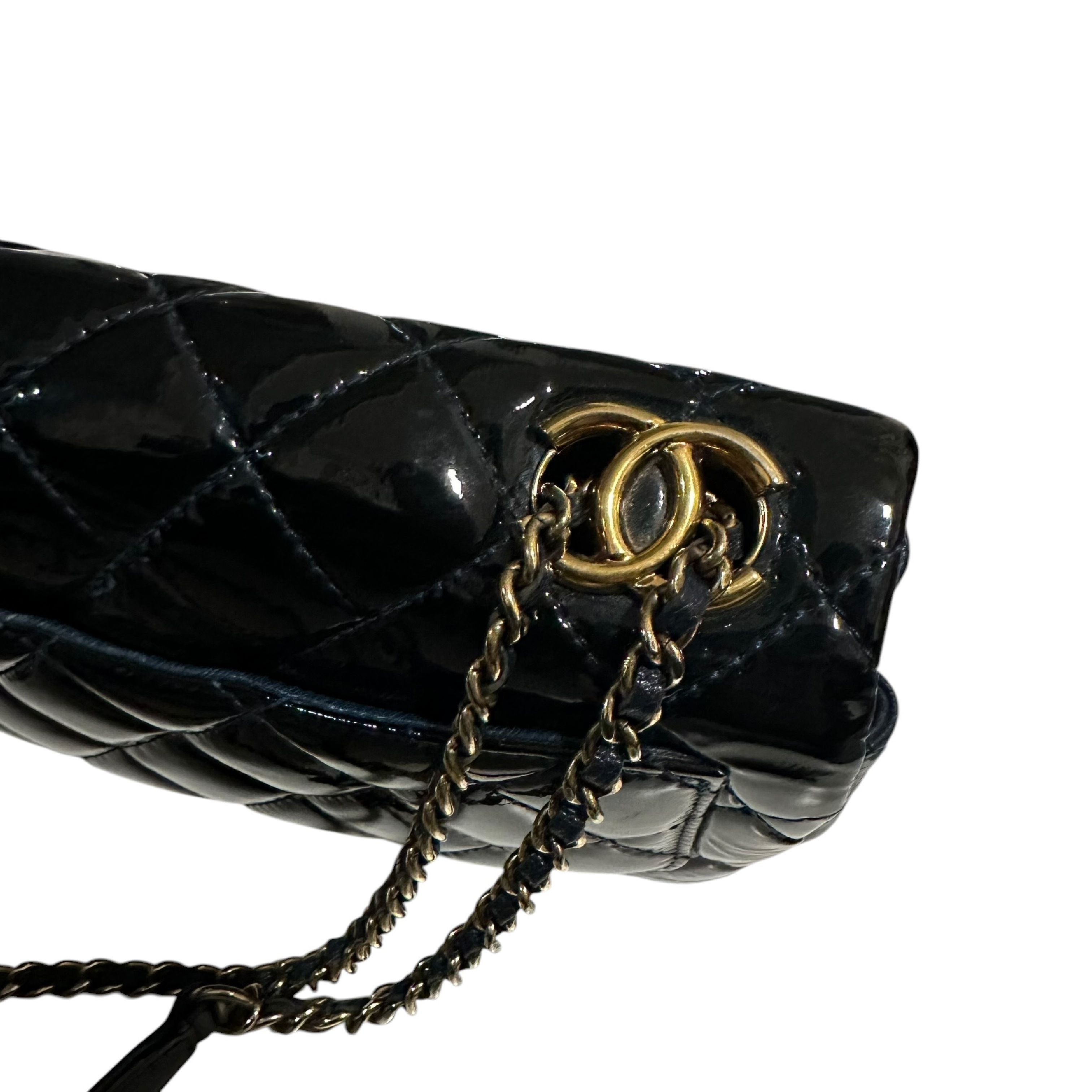 Matelassé Patent Leather Single Flap Double Chain Bag Navy Gold Shoulder Bag — view 3