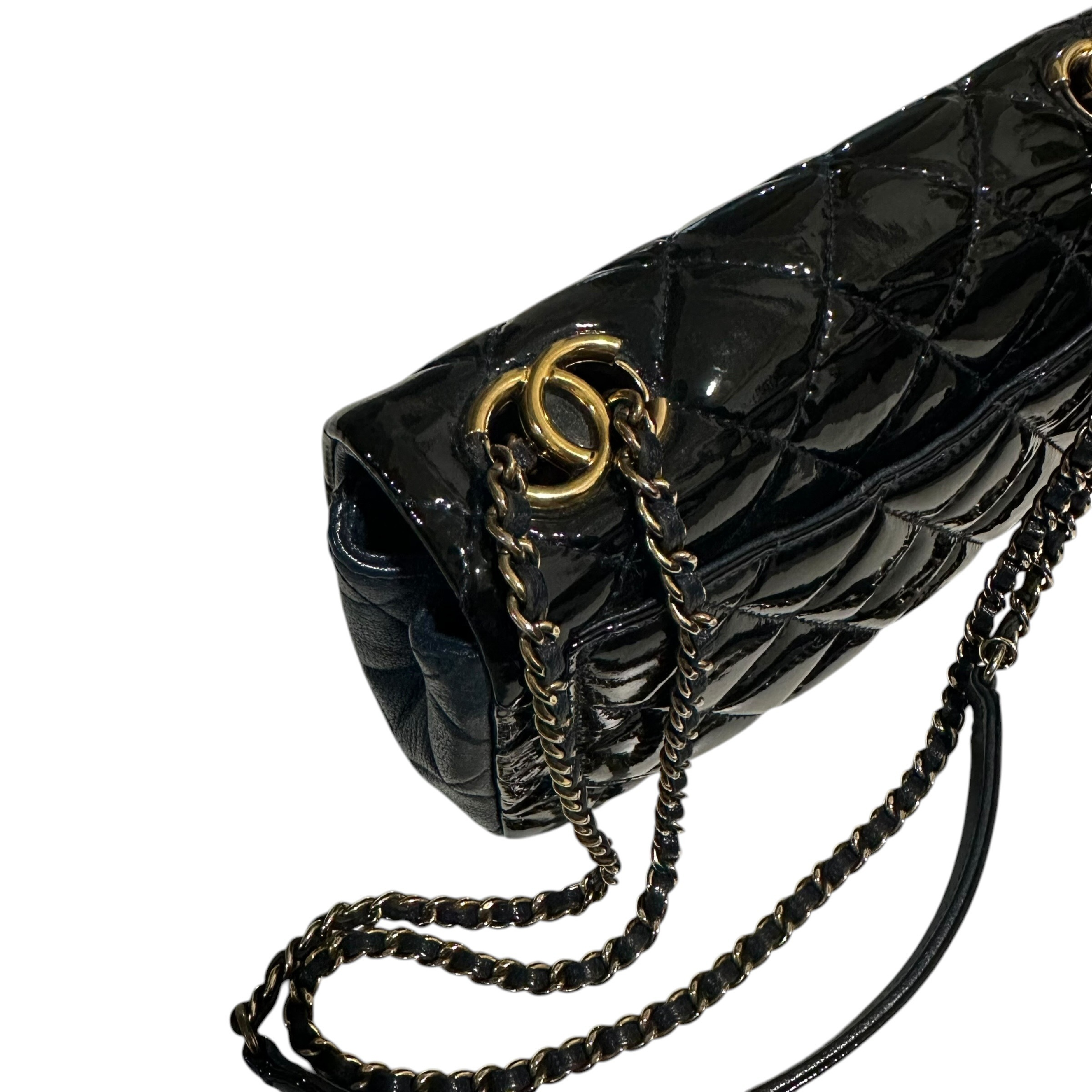 Matelassé Patent Leather Single Flap Double Chain Bag Navy Gold Shoulder Bag — view 4