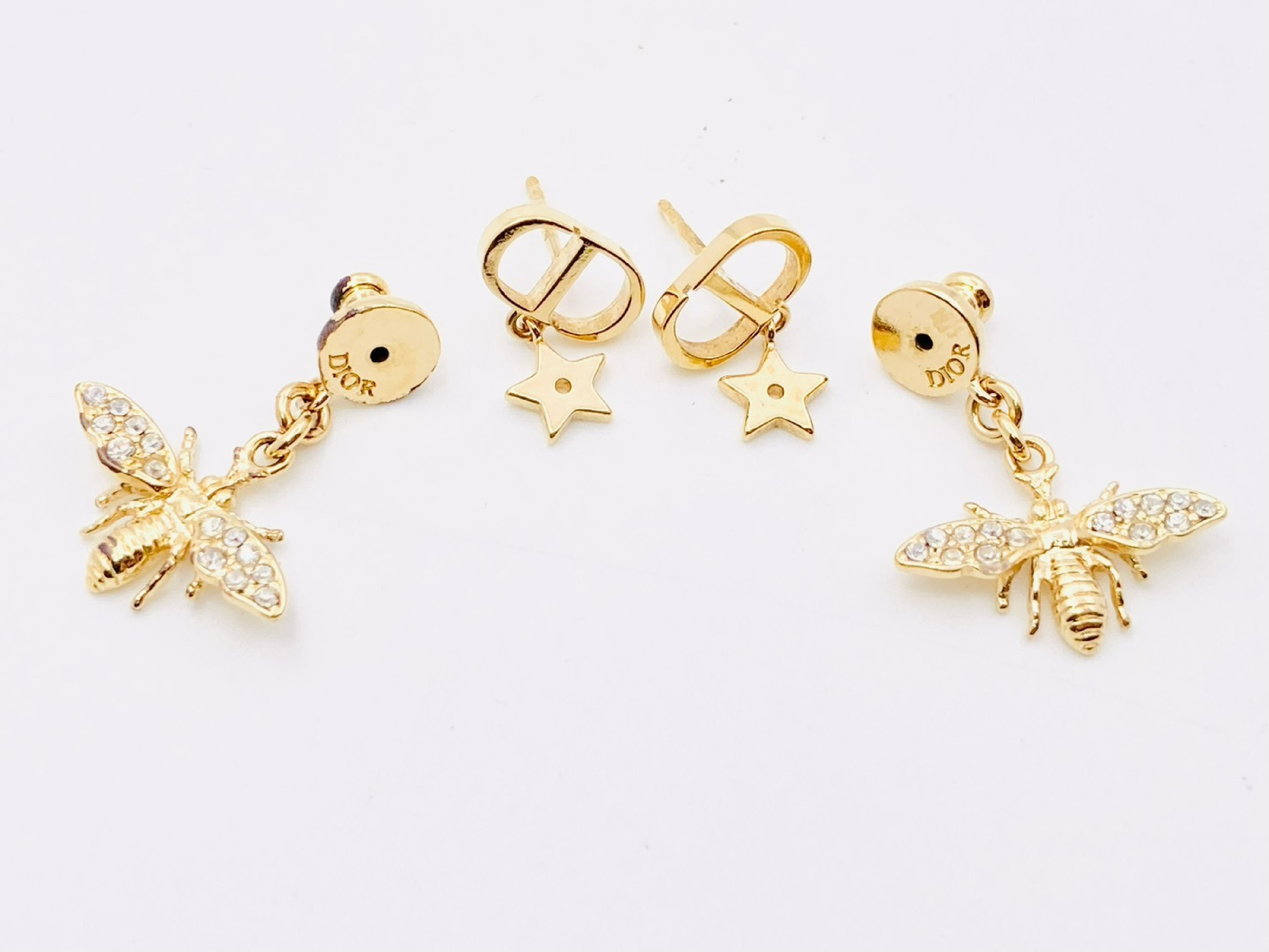 Petit CD Bee Star CD Logo Rhinestone Earrings (Gold Earrings) — view 3