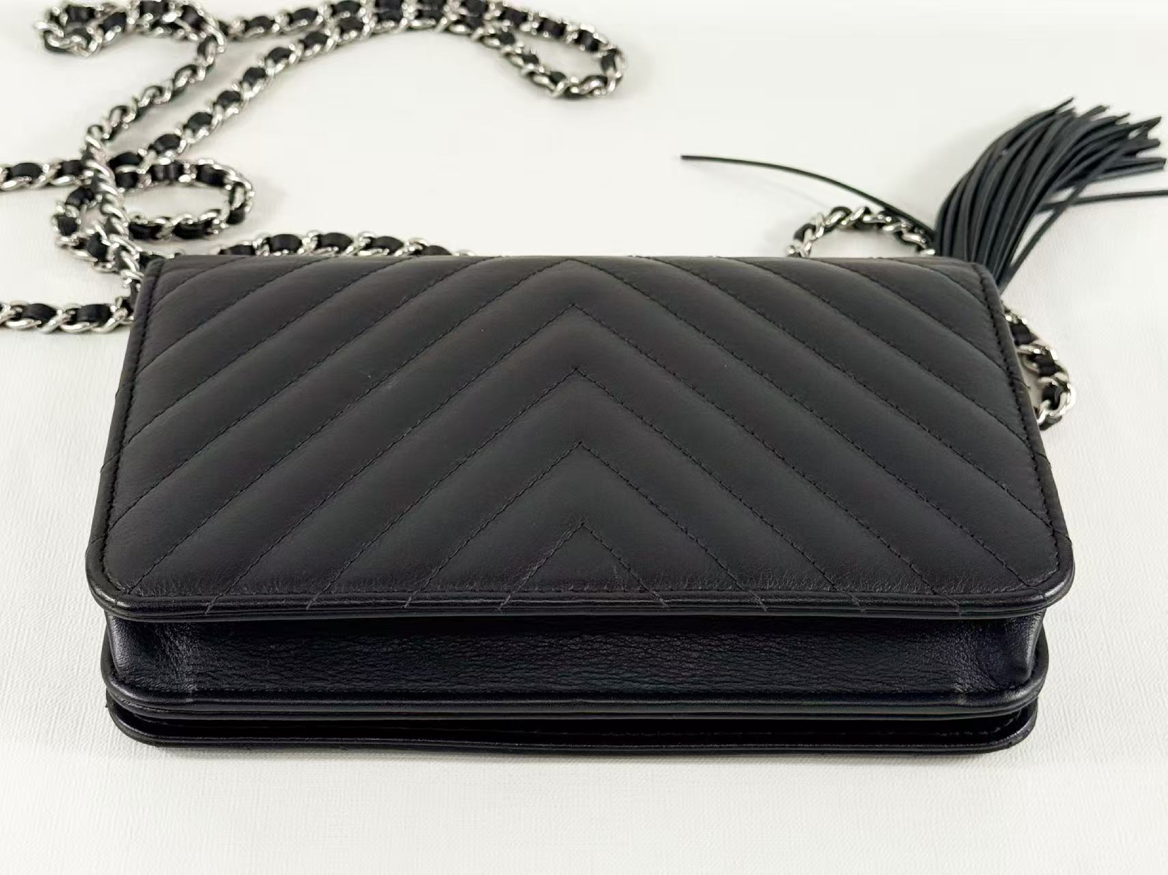 Black Fringe Chevron Shoulder Bag, W19cm (approx.), serial number in the 25 range. Includes dust bag, authenticity card, and seal. Features hardware. Item number: 25845805. — view 12