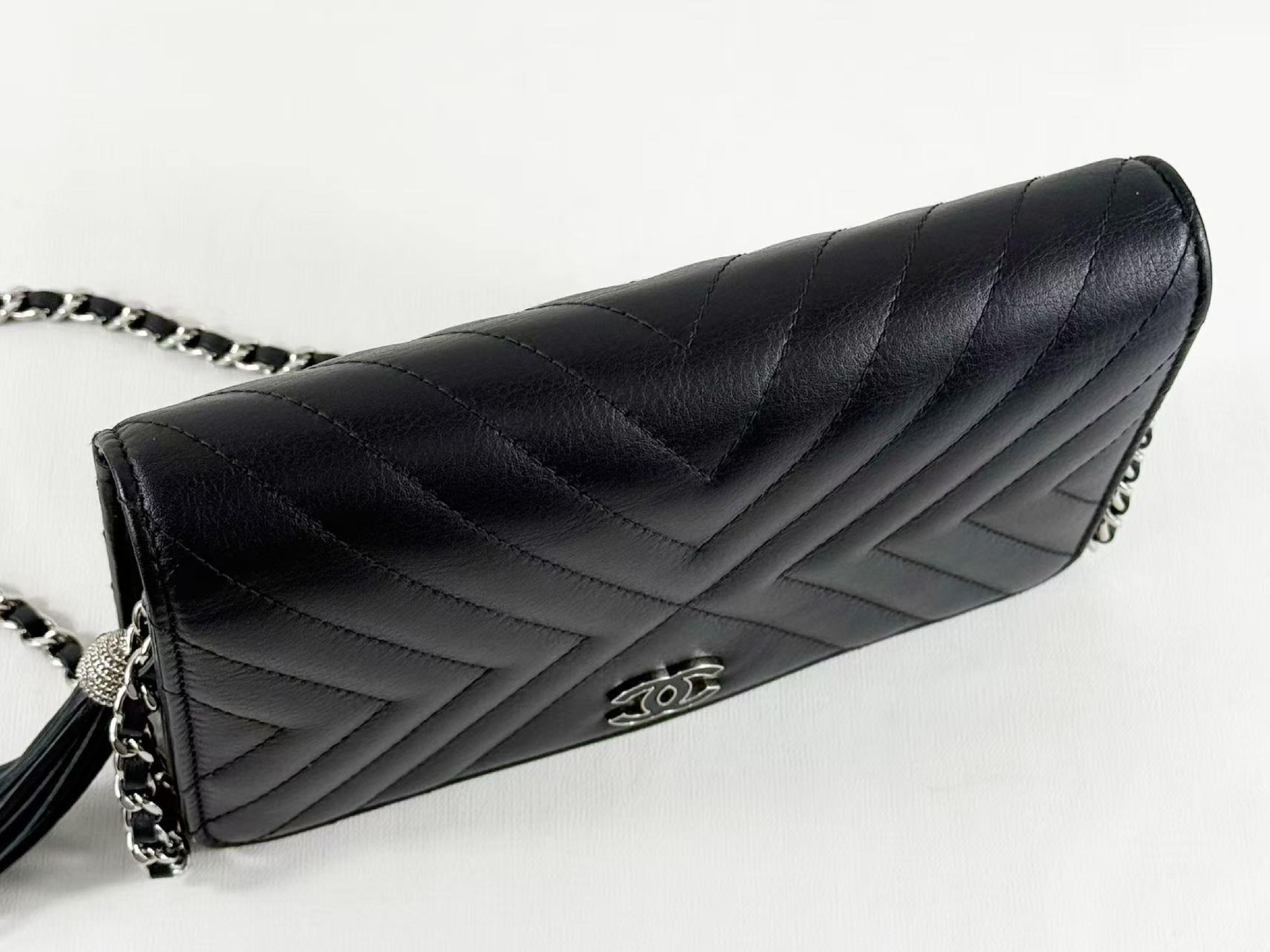 Black Fringe Chevron Shoulder Bag, W19cm (approx.), serial number in the 25 range. Includes dust bag, authenticity card, and seal. Features hardware. Item number: 25845805. — view 7
