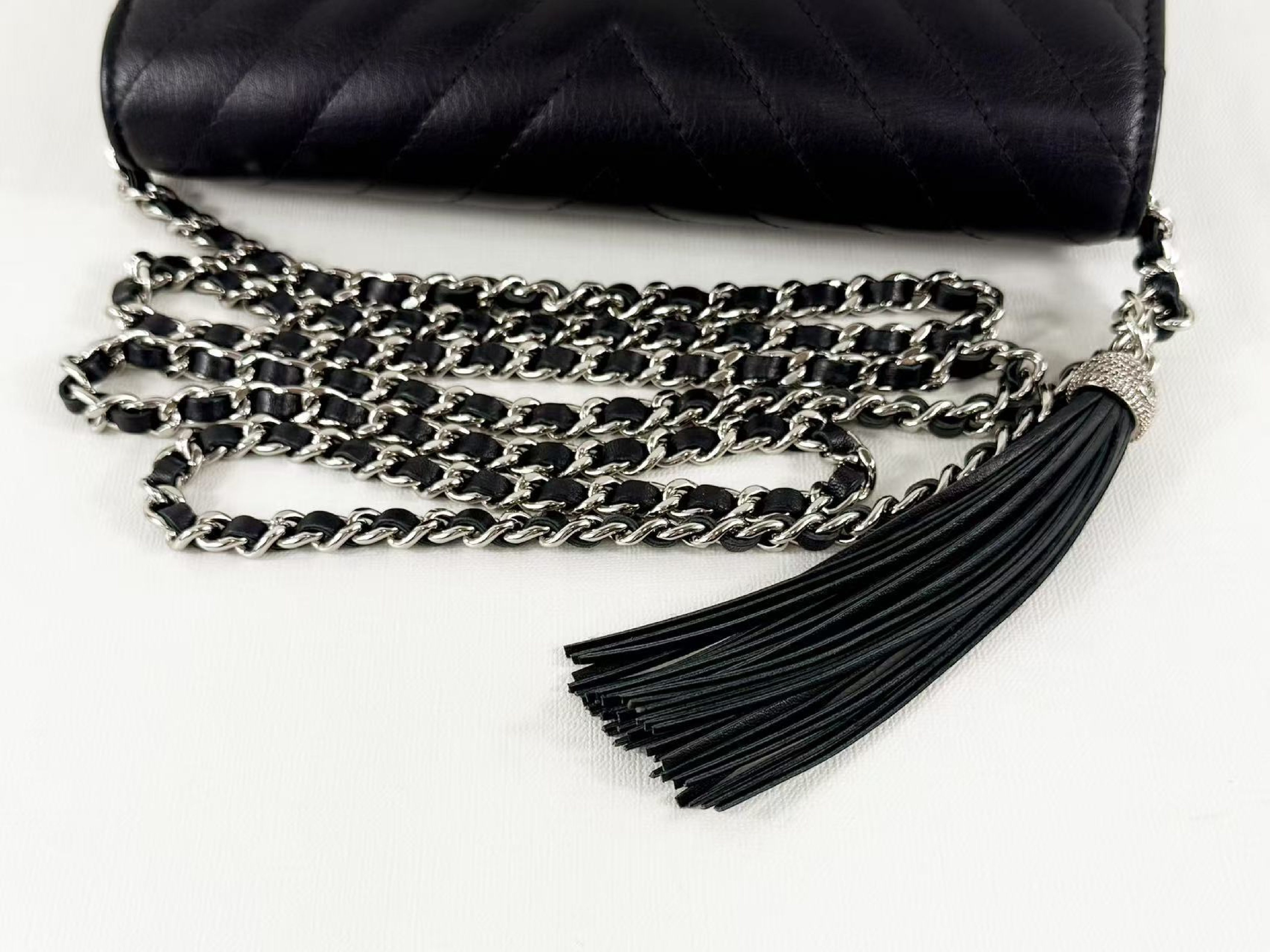 Black Fringe Chevron Shoulder Bag, W19cm (approx.), serial number in the 25 range. Includes dust bag, authenticity card, and seal. Features hardware. Item number: 25845805. — view 8