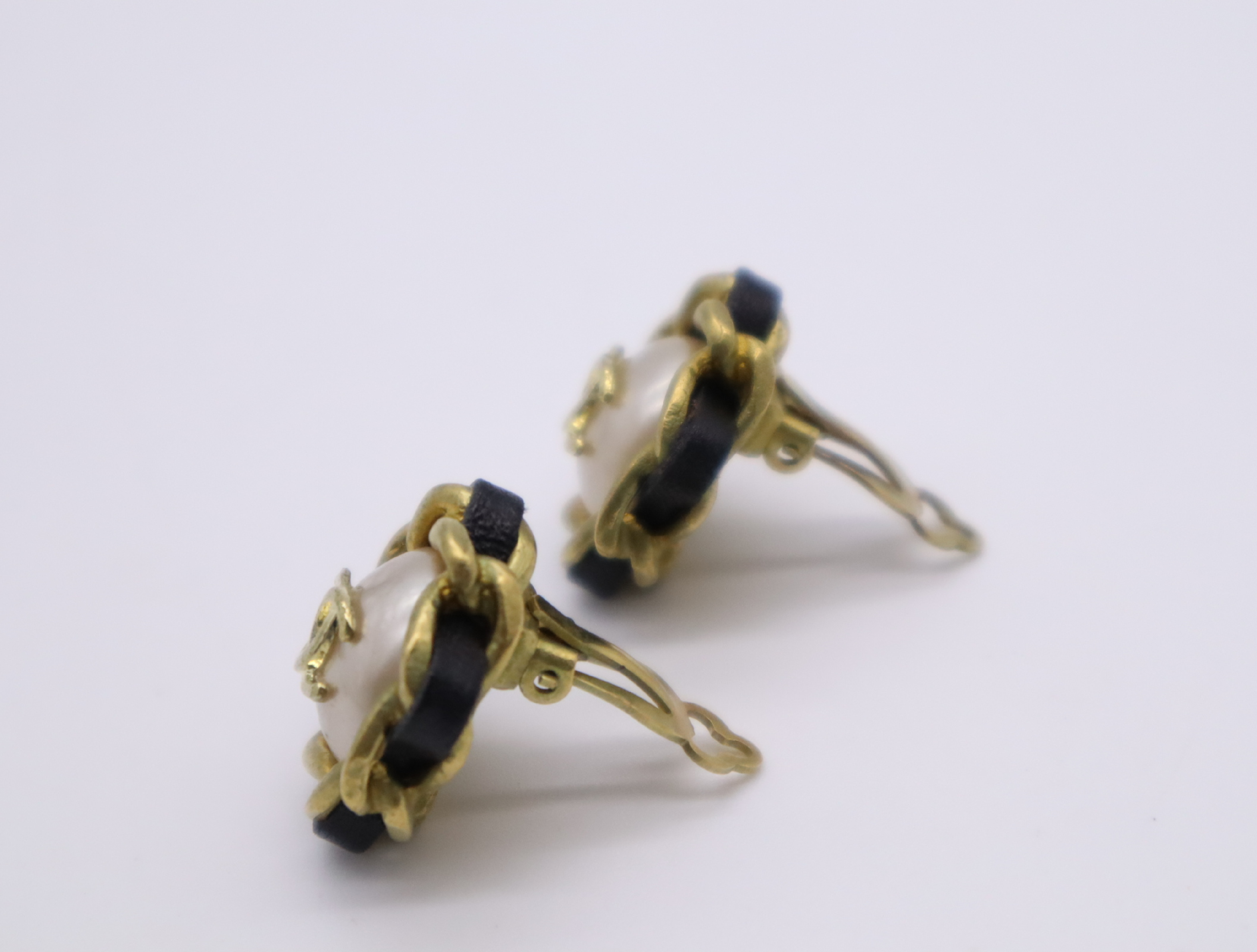 GP/Faux Pearl/Leather Vintage Coco Mark Chain Motif Earrings — view 3