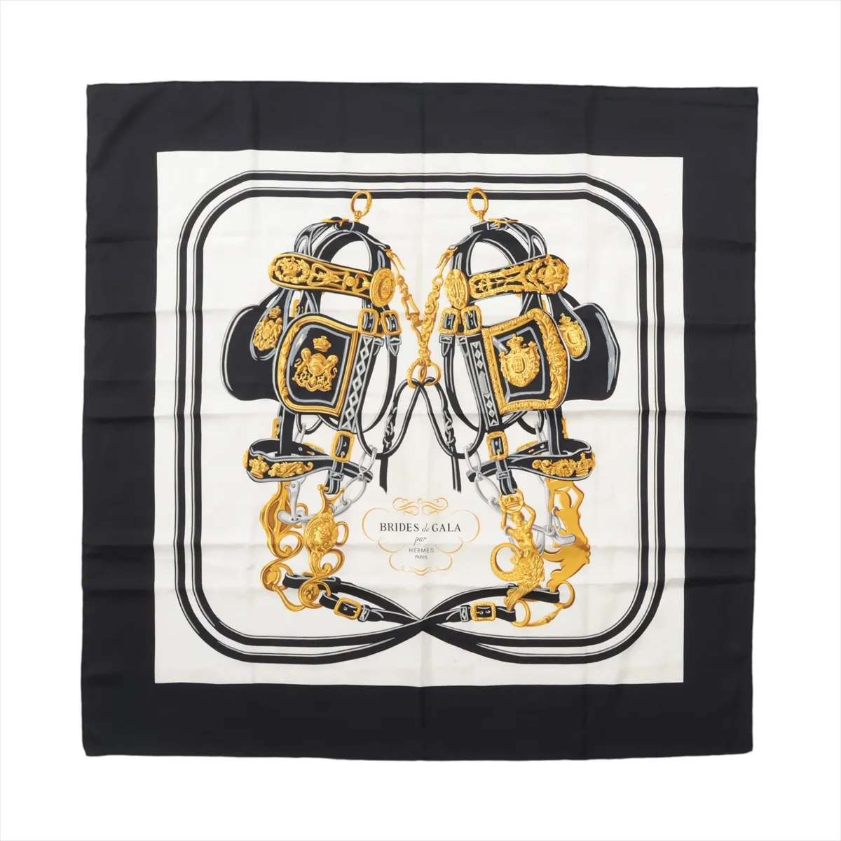 Carre 90 BRIDES de GALA Ceremonial Bridle Scarf, Silk, Black. Shows wear,