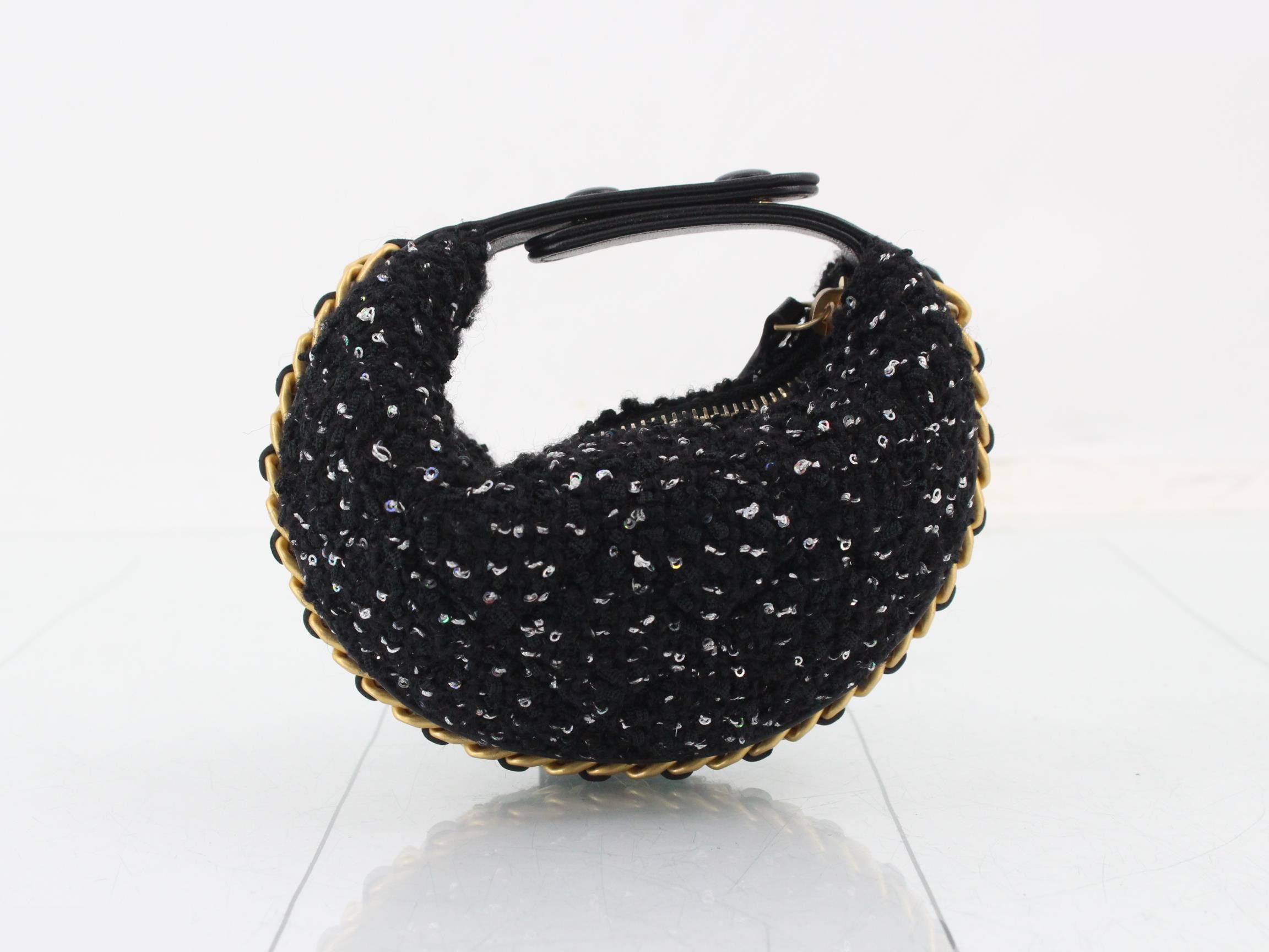 Tweed sequin chain shoulder bag, black — view 2