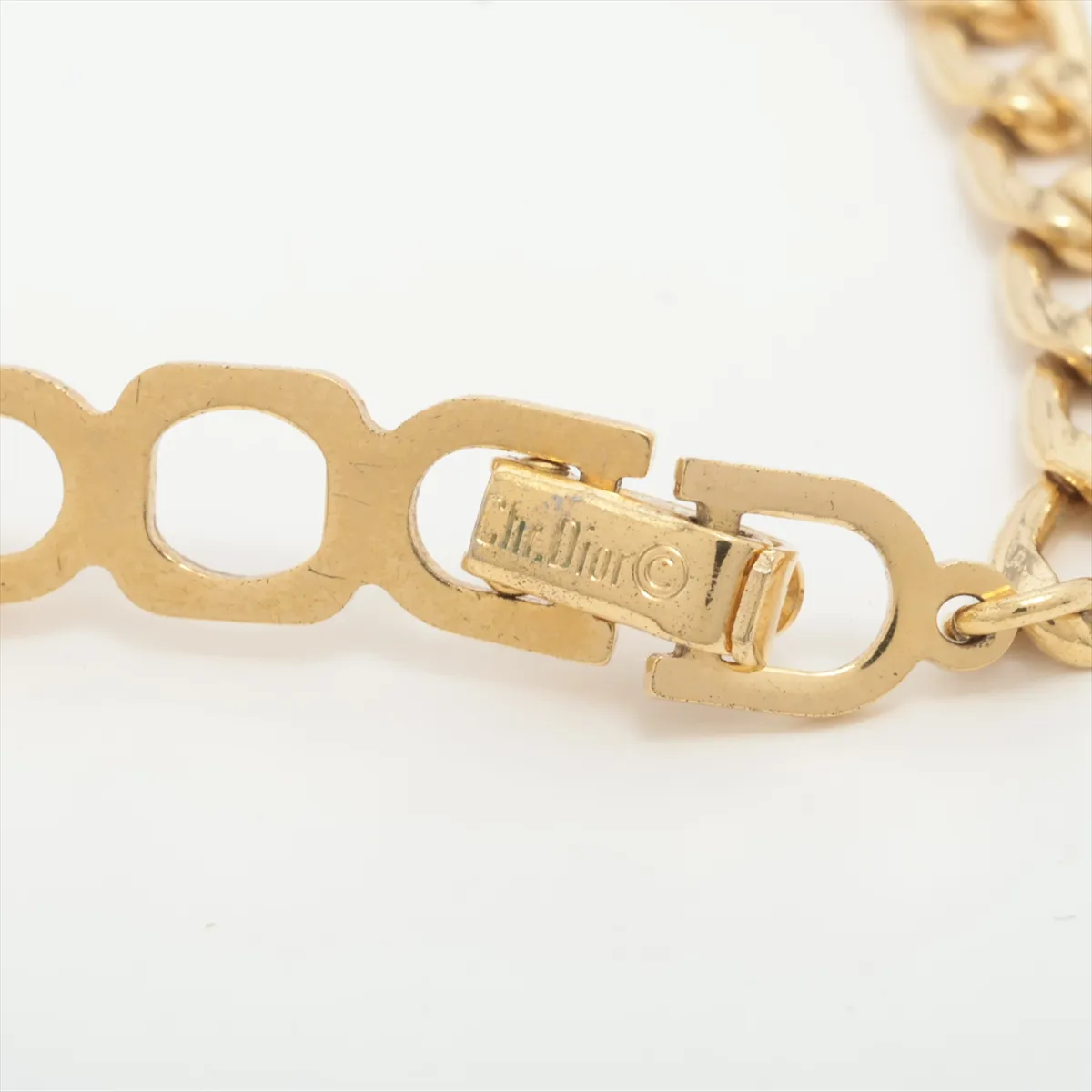 CD logo necklace, gold plated with rhinestones. Shows signs of wear, — view 4