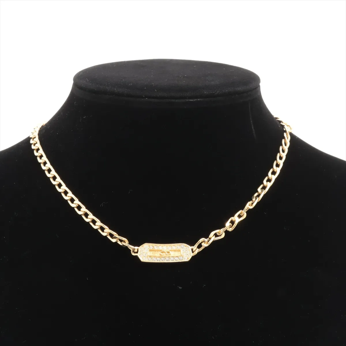 CD logo necklace, gold plated with rhinestones. Shows signs of wear, — view 5
