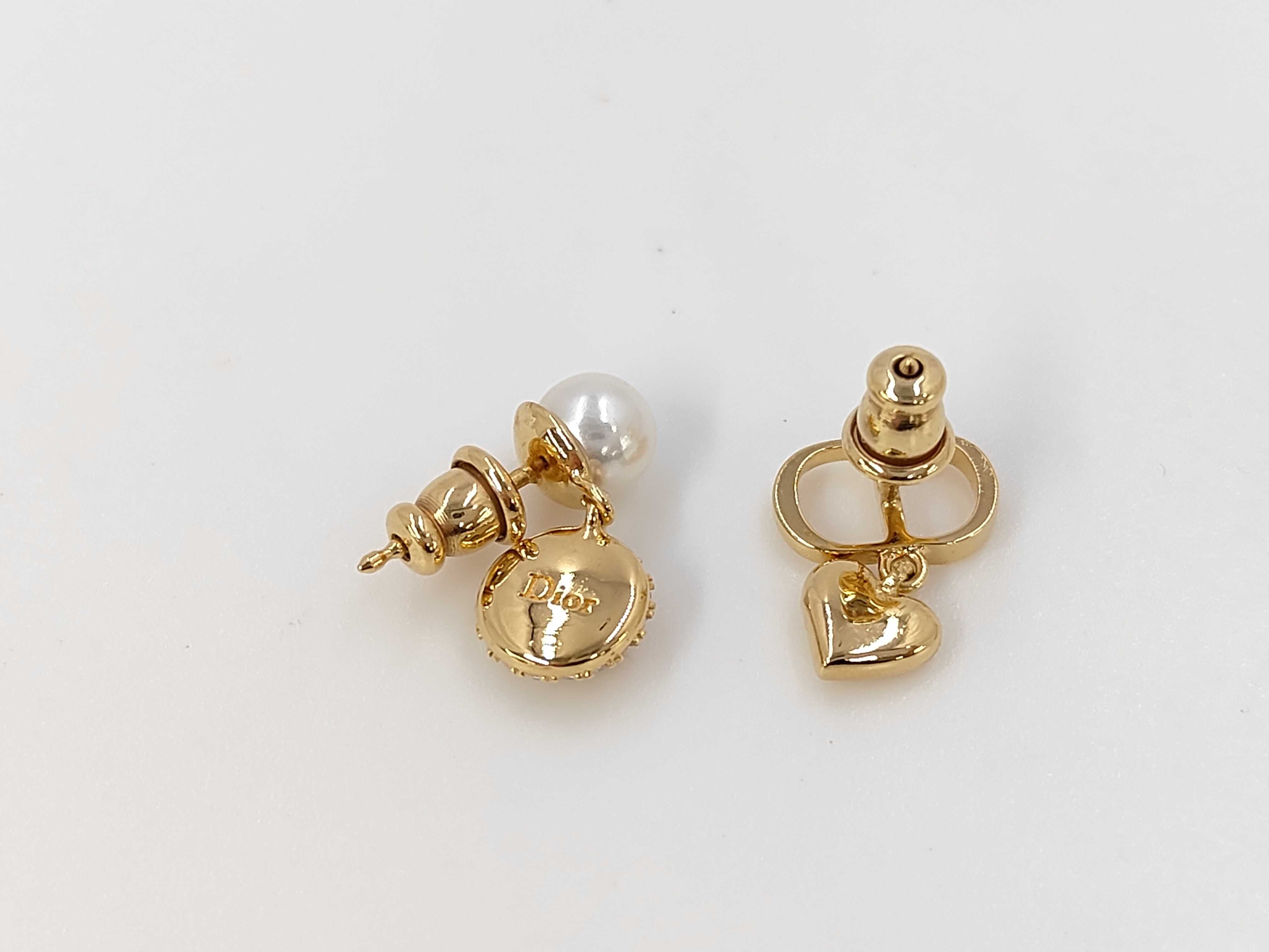 CD Logo Heart Pearl Stone Gold Earrings — view 2