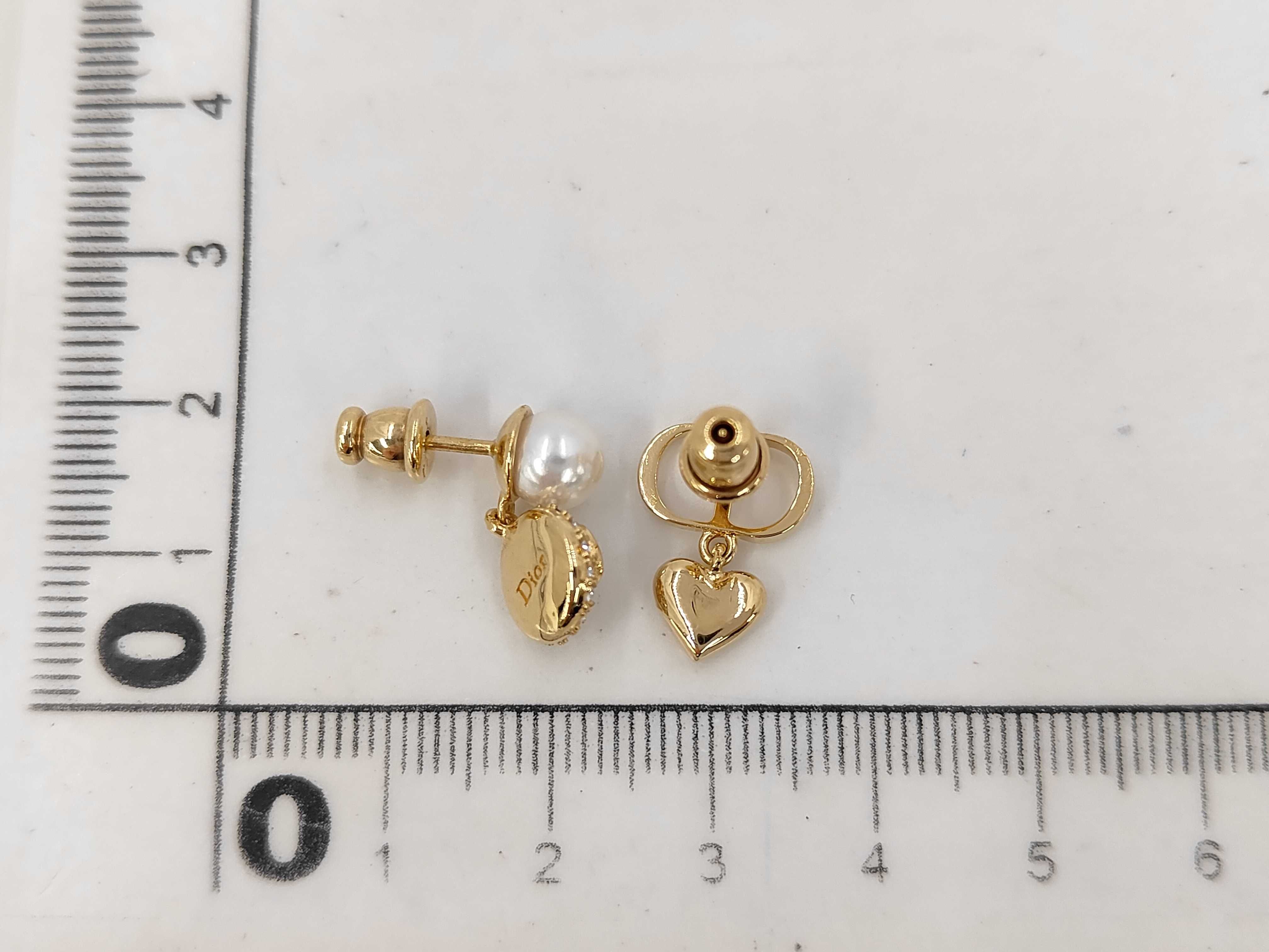 CD Logo Heart Pearl Stone Gold Earrings — view 6