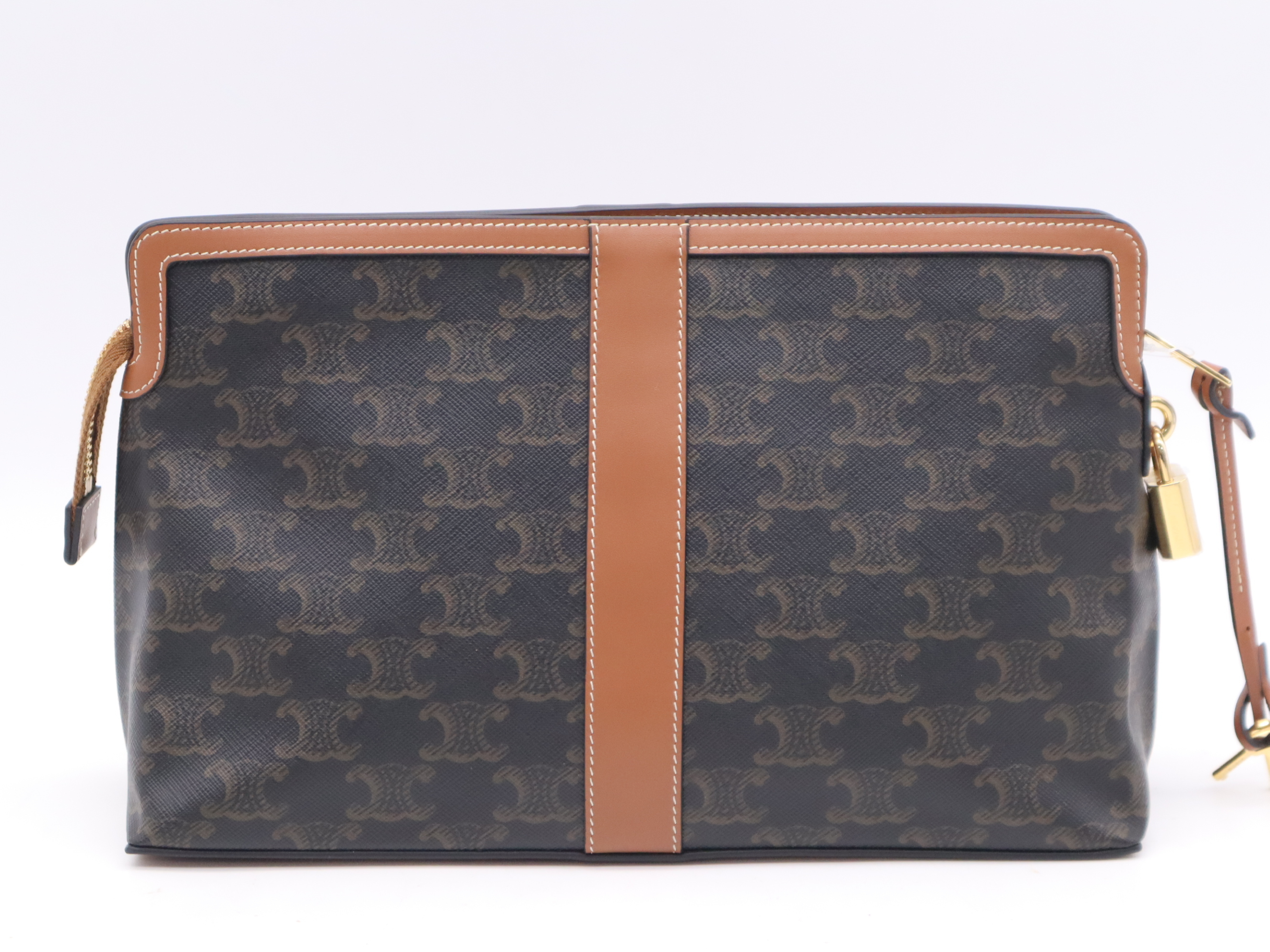 Triomphe Canvas Lock Toiletry Pouch, Brown, with padlock, 2 keys, and dust bag. — view 2